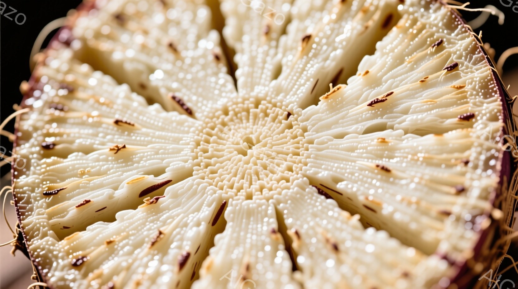 紫色の果実の断面のクローズアップです。果肉は放射状に並んだ白い細長い繊維で構成されており、中心に向かって密集しています。ところどころに小さな黒い種子が点在し、独特の質感と視覚的なコントラストを生み出し - AI生成フリー素材