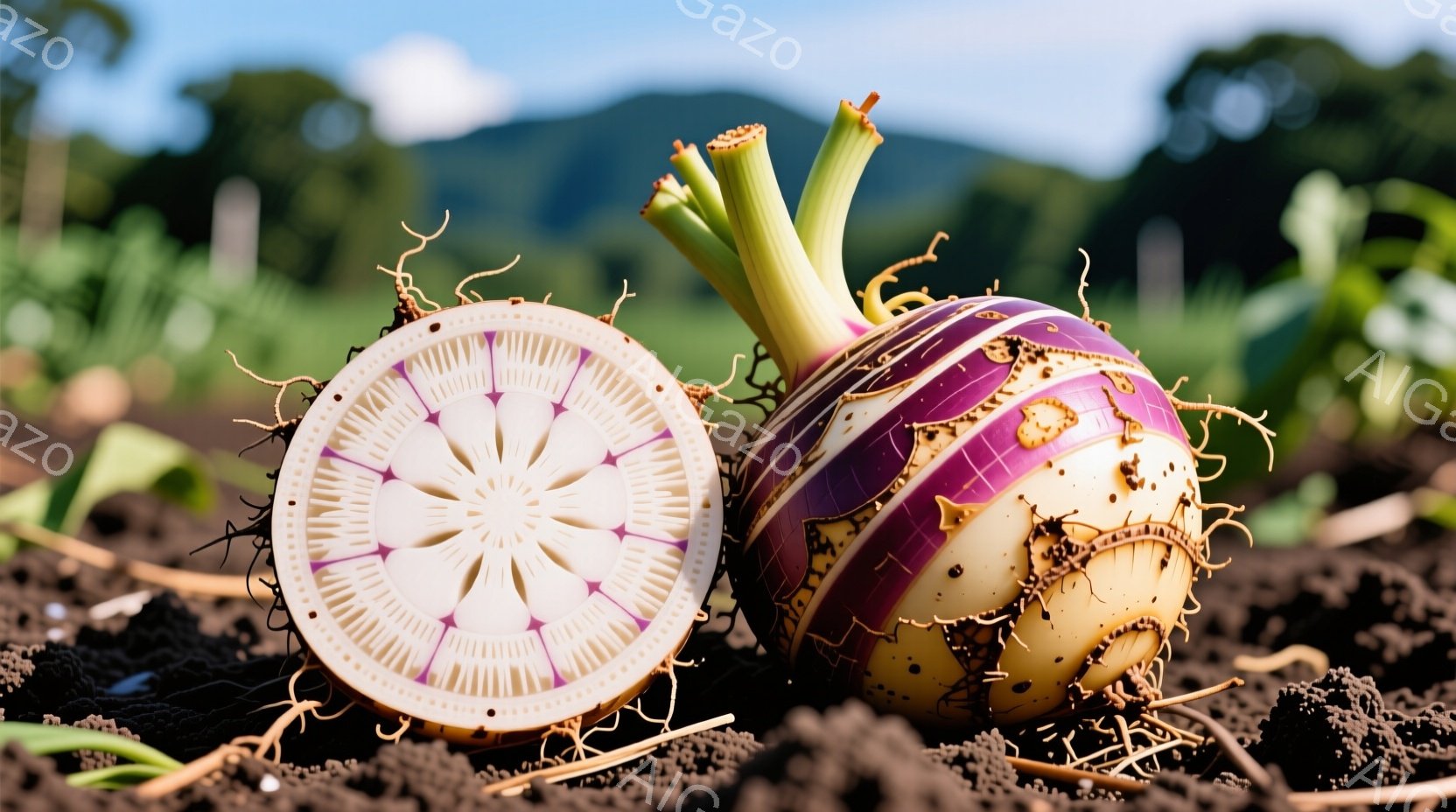 土壌の上に、紫とクリーム色のカブが半分に切られて置かれています。カブは土から引き抜かれたばかりのように見え、根がまだ付いています。背景には畑が広がり、遠くには緑の丘が見え、晴れた日の穏やかな農村の雰囲気を醸し出しています。