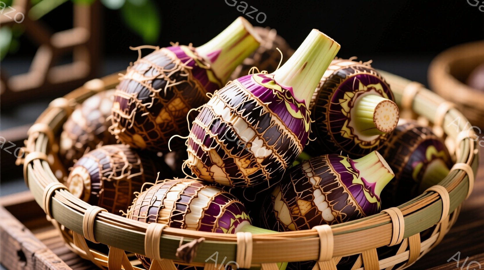 籠の中に、紫色の縞模様が入ったヤフオク芋がぎっしりと詰まっています。芋は土っぽく、藁のような繊維質に覆われており、一部は切り口から断面が見えています。背景は暗く、木製の台の上に籠が置かれている様子がうかがえます。