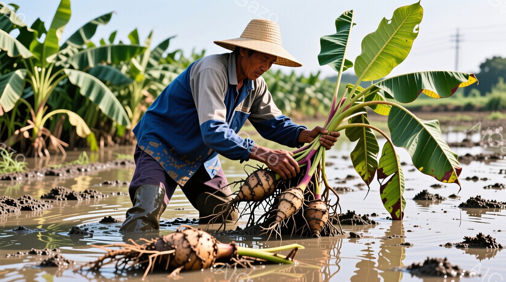 泥田の中で、麦わら帽子を被った男性が、水の中で植物の根を掘り起こしています。彼は濃い色のシャツとズボンを着用し、土に浸かった状態で、慎重に植物を扱っています。背景には緑豊かな植物が広がり、水田全体が穏やかな日差しに照らされています。