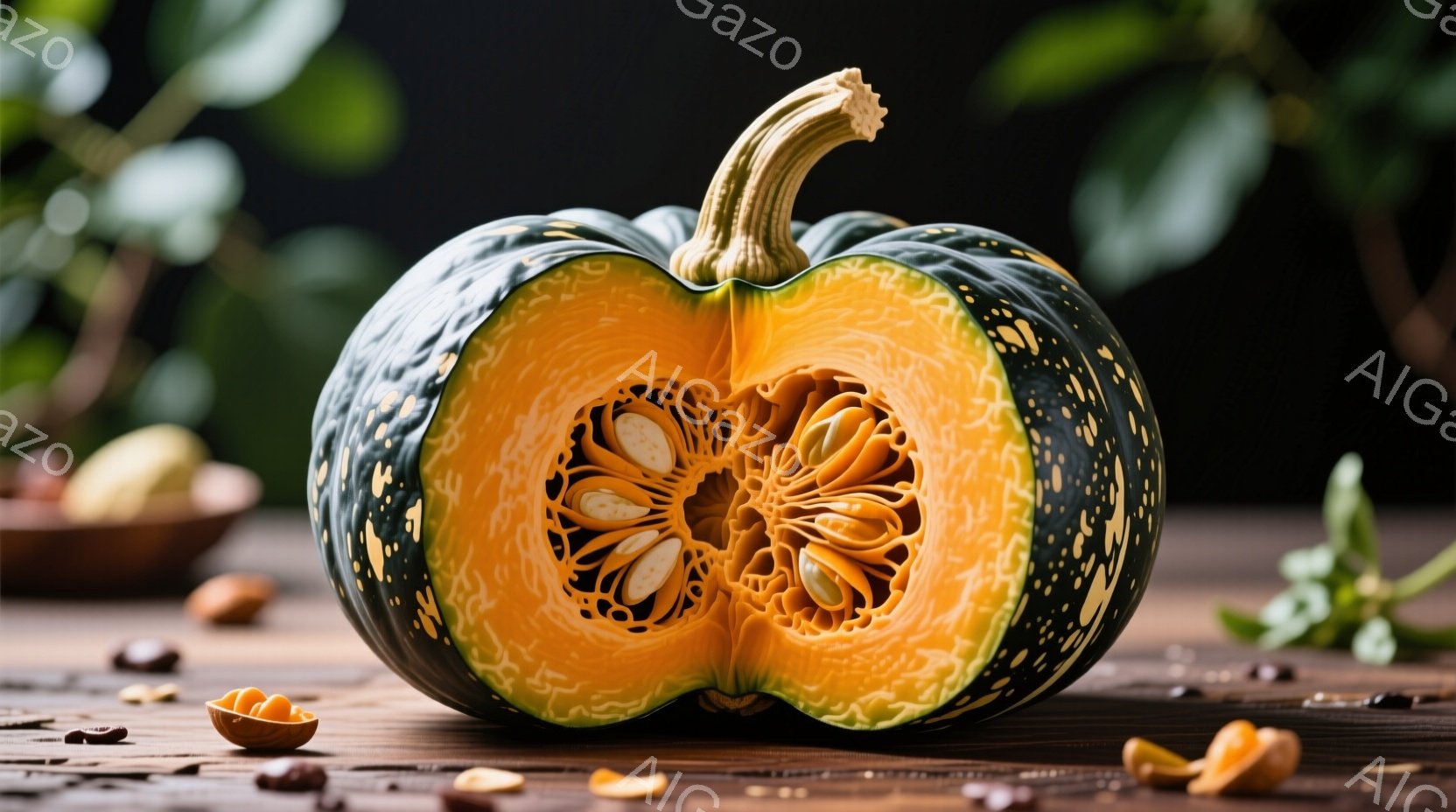 鮮やかな緑色のカボチャが半分に切られており、その内部の種が露出している。木製のテーブルの上に置かれており、周囲にはいくつかのかぼちゃの種が散らばっている。背景にはぼやけた緑色の葉があり、全体的に暖かく - AI生成フリー素材