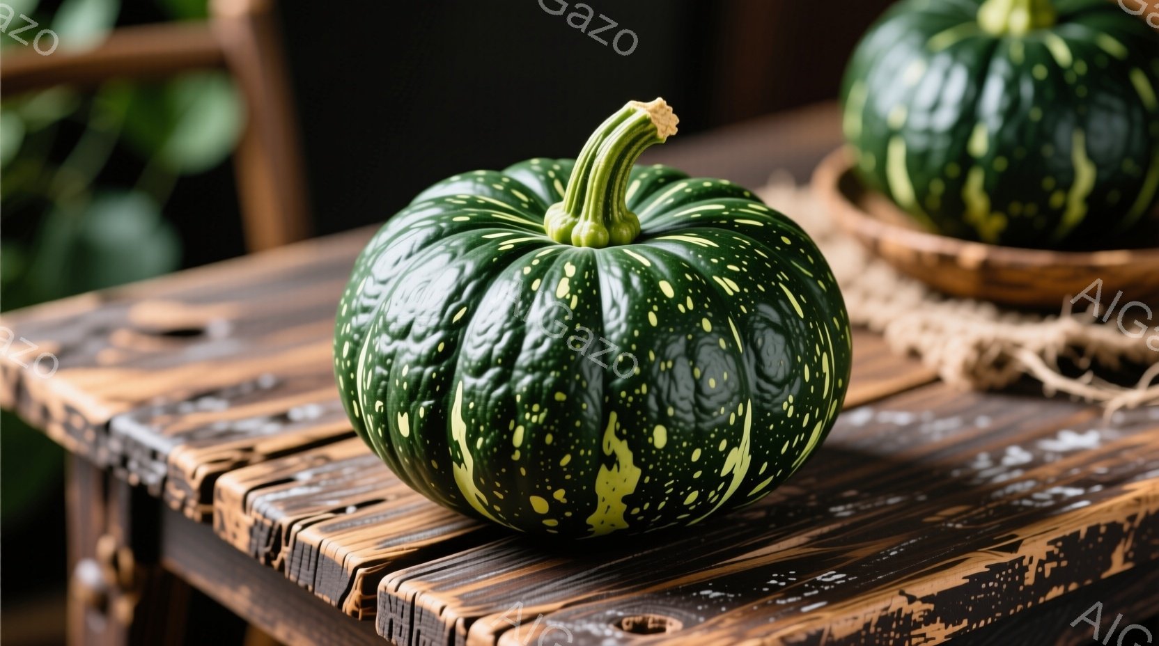 深緑色と黄色の斑点模様が特徴的なカボチャが、茶色い木の台の上に置かれています。背景には、さらに小さめのカボチャが藁の上に乗っており、全体的に秋の収穫を連想させる温かい雰囲気です。木製の台の質感とカボチ - AI生成フリー素材