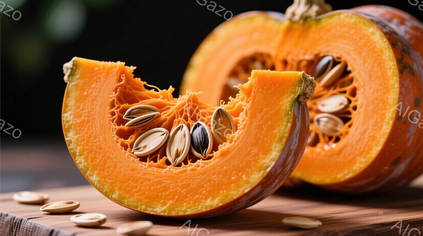 鮮やかなオレンジ色のカボチャが半分に切られており、種子がむき出しになっています。木製の板の上に置かれ、種子がいくつか散らばっています。背景は暗く、カボチャの鮮やかな色が際立っており、秋の収穫を思わせる - AI生成フリー素材