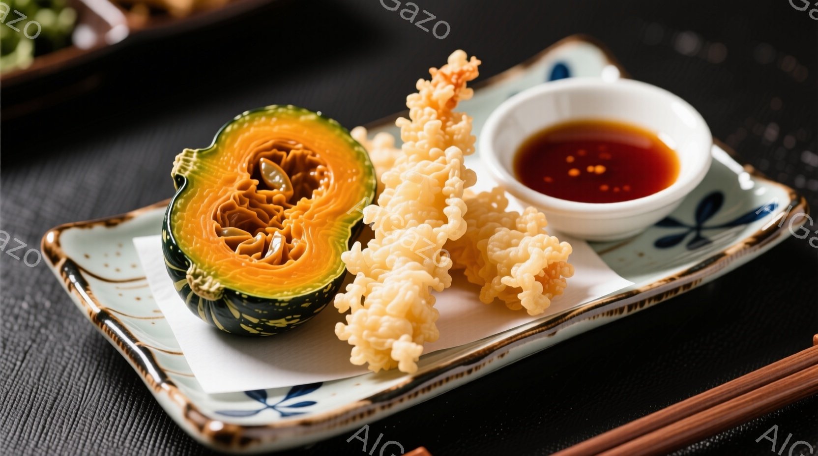 鮮やかな緑色のカボチャの半分と、黄金色に揚げたカボチャの天ぷらが、模様入りの長方形の白いお皿に並べられています。添えられた小さなお皿には、濃い赤色のタレが入っており、背景には竹製の箸が見えます。全体的に、和食の繊細さと食欲をそそる色彩が印象的な、上品な盛り付けです。