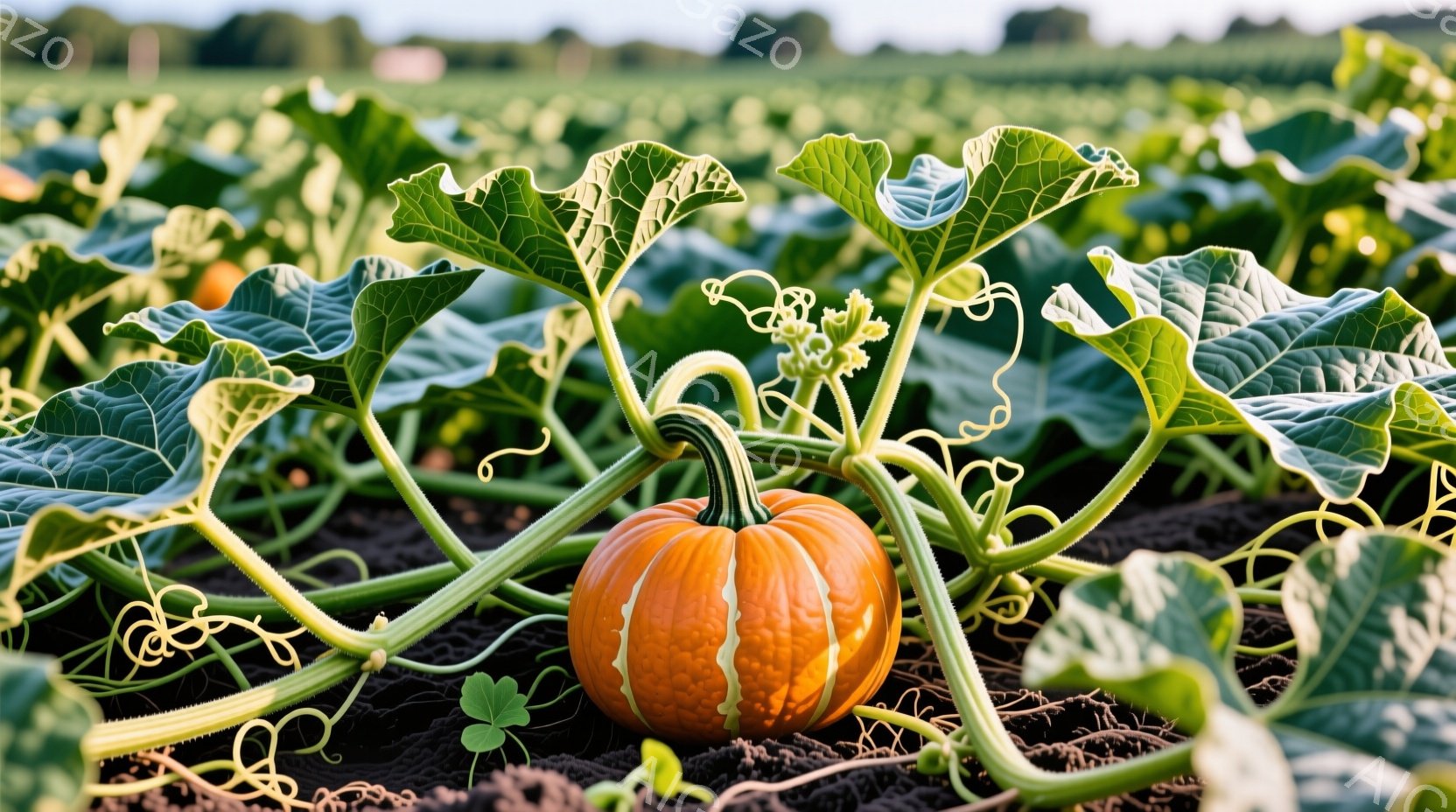 鮮やかなオレンジ色のカボチャが、緑色の大きな葉と蔓に囲まれて土の上に置かれています。背景には、他のカボチャの葉や蔓が広がり、農園の土壌が確認できます。全体的に、明るく自然な雰囲気で、秋の収穫の喜びを感じさせます。