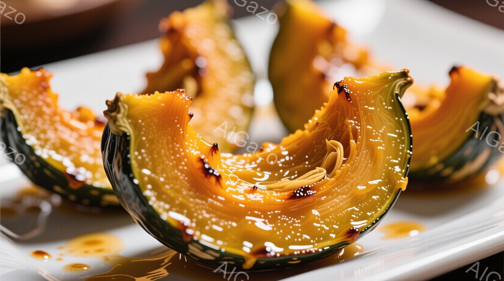 白い皿の上に、切り開かれたカボチャの断面がいくつか並んでいます。カボチャは鮮やかなオレンジ色と緑色の皮を持ち、照り照りの蜜が塗られており、まるで宝石のように輝いています。背景はぼやけており、料理に焦点 - AI生成フリー素材