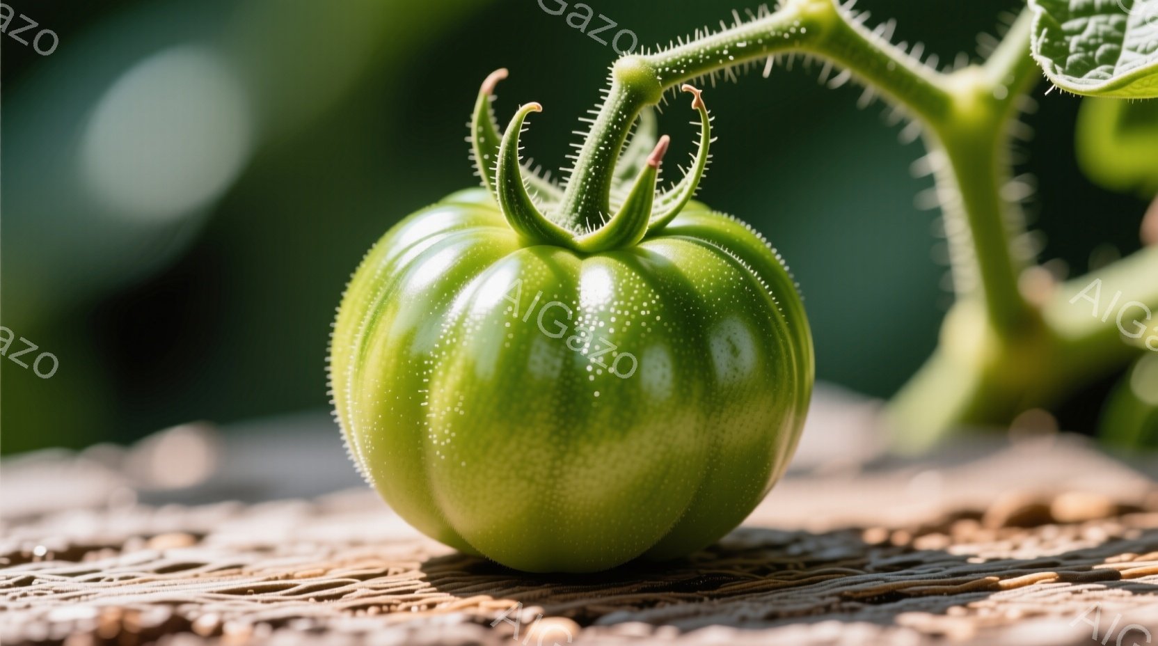 鮮やかな緑色の未熟なトマトが、粗い木の柵の上でクローズアップされています。トマトの表面には小さな水滴が光っており、葉と茎が背景にぼやけて写り込んでいます。全体的に、新鮮で自然な雰囲気を醸し出しており、植物の成長と生命力を感じさせます。