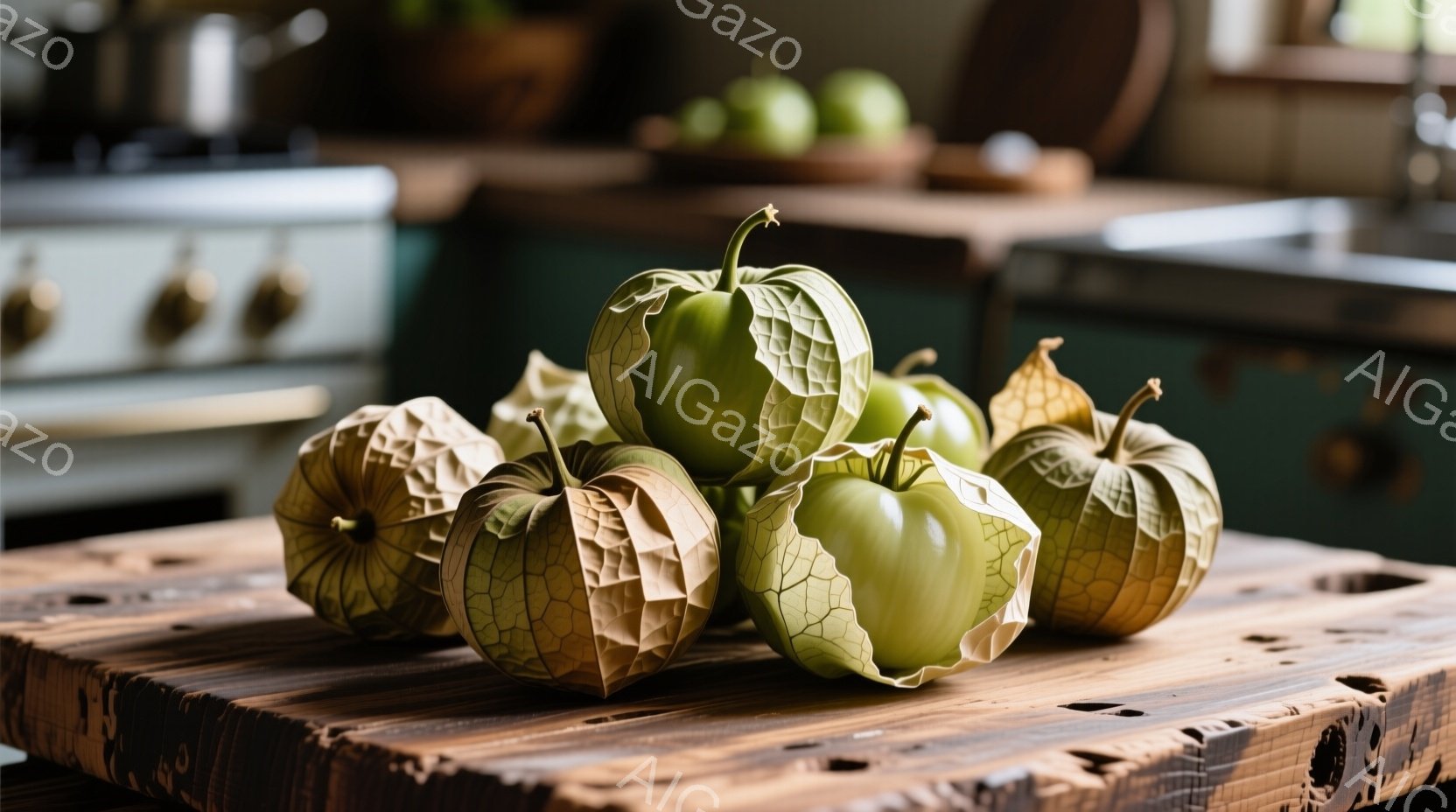 粗く削られた木製の板の上に、いくつかのアグライオネマ（ペルーベリー、ホオズキトマトとも呼ばれる）が置かれています。鮮やかな緑色の果実は、薄い紙のような外皮に覆われ、その質感と形が目を引きます。背景には - AI生成フリー素材