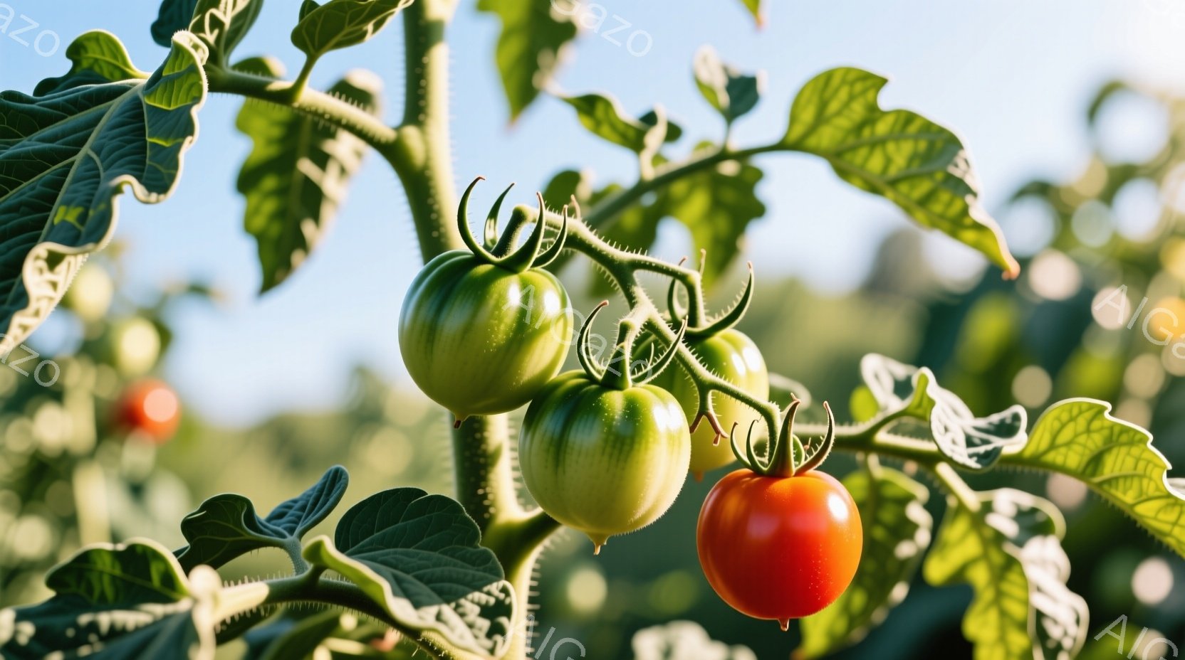 トマトの植物が写っており、緑色の未熟なトマトがいくつか実をつけている。特に鮮やかな赤いトマトが一つあり、他の緑色のトマトとのコントラストが目を引く。背景はぼやけており、太陽光が差し込む穏やかな夏の日のように見える。