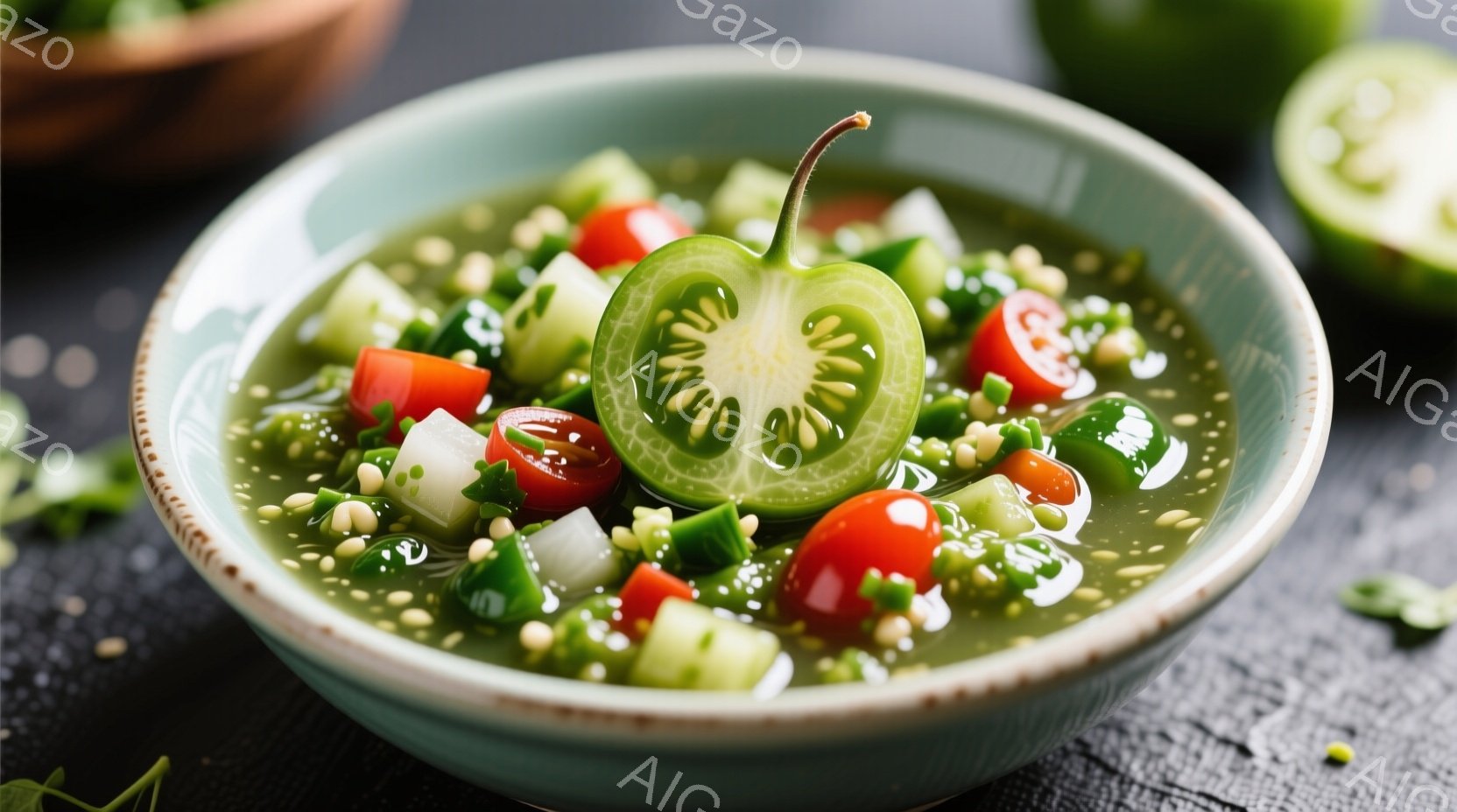浅緑色の丼に、緑色のトマト、細かく切ったキュウリ、トマト、そして小さな白い種が混ざったスープが盛られています。スープはややとろみがあり、新鮮なハーブが散りばめられています。背景は暗いグレーで、丼の横には半分に切られた緑色のトマトが置かれています。