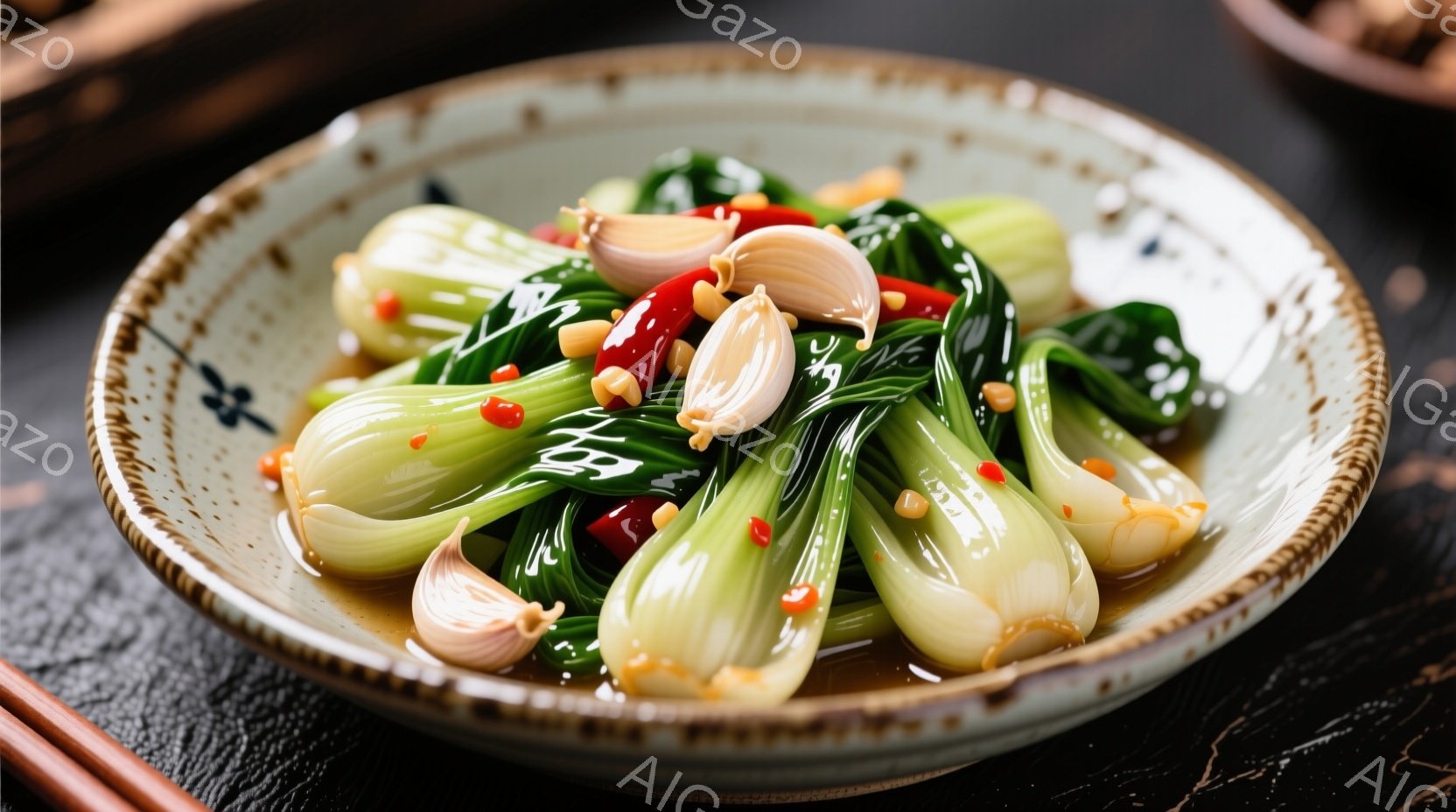 浅い緑色の皿に、細かく刻まれた青菜が盛られています。皿の上には、ニンニクのスライスと赤い唐辛子が散りばめられており、照り輝くソースで覆われています。背景には、使用された箸の一部が見え、全体的に食欲をそ - AI生成フリー素材