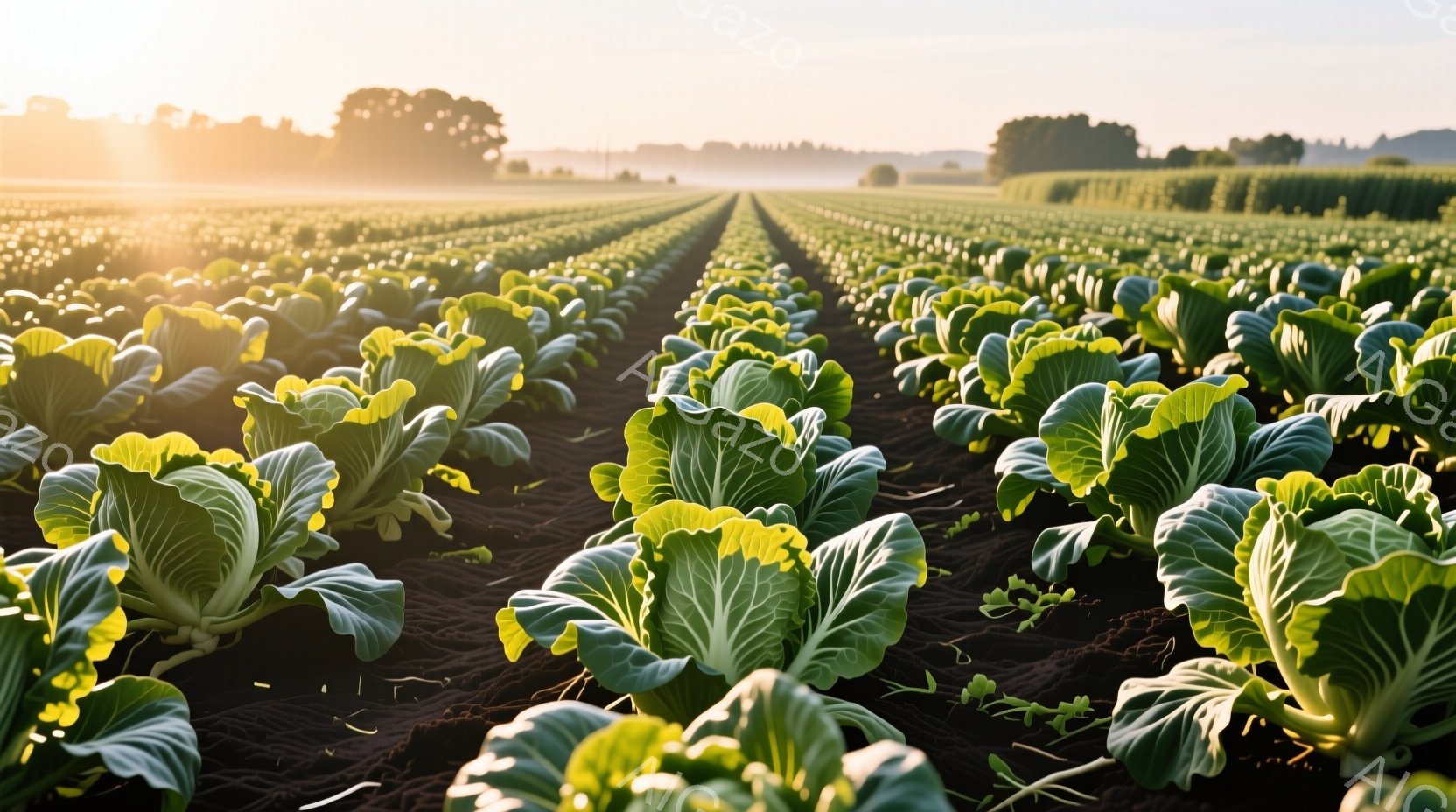 広大なキャベツ畑が、規則正しく整列して広がっている。朝日が差し込み、キャベツの葉に光が反射し、鮮やかな緑色が際立っている。遠景には、わずかに木々が見え、穏やかで平和な田園風景を思わせる。 - AI生成フリー素材