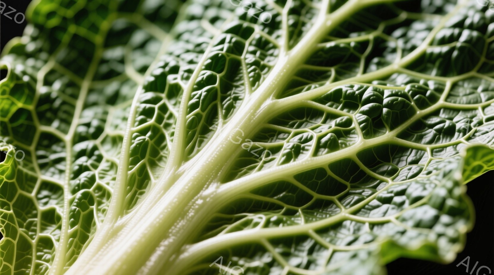 鮮やかな緑色のキャベツの葉脈がクローズアップで捉えられており、葉の表面には細かい凹凸と独特の模様が見て取れる。葉の中心部は白っぽく、緑色の濃淡が美しいグラデーションを生み出している。全体的に生命力に満ちた、自然の息吹を感じさせる一枚である。