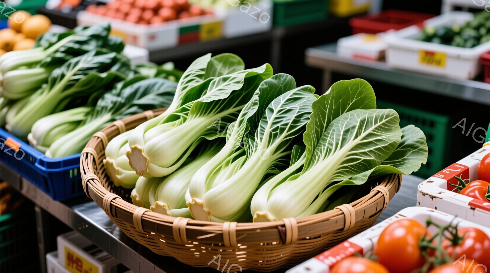 籠に詰まった新鮮な青菜が目に飛び込んできます。葉は明るい緑色と白色のコントラストが美しく、市場やスーパーマーケットの一角で販売されている様子が伺えます。背景には、トマトや他の野菜が積まれた箱が見え、活気ある食料品店の雰囲気が伝わってきます。