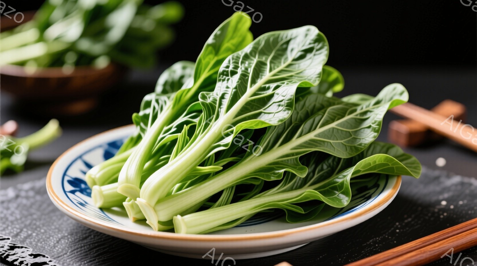 小さな白い皿に、緑色の小松菜が盛り付けられています。背景は黒い石のような質感で、右下には木製の箸が置かれています。全体的にシンプルで落ち着いた雰囲気で、食材そのものの色が際立っています。