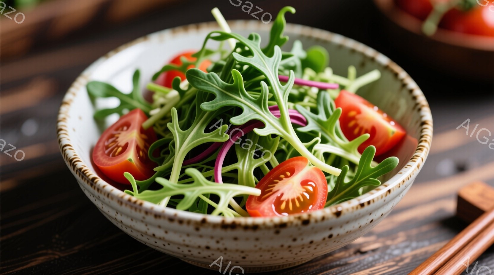白い陶器の丼に、赤く切られたトマトと鮮やかな緑色のルッコラがたっぷり盛り付けられています。丼は茶色い斑点模様があり、木製のテーブルの上に置かれています。全体的に自然で健康的な食生活を連想させる、落ち着いた雰囲気です。