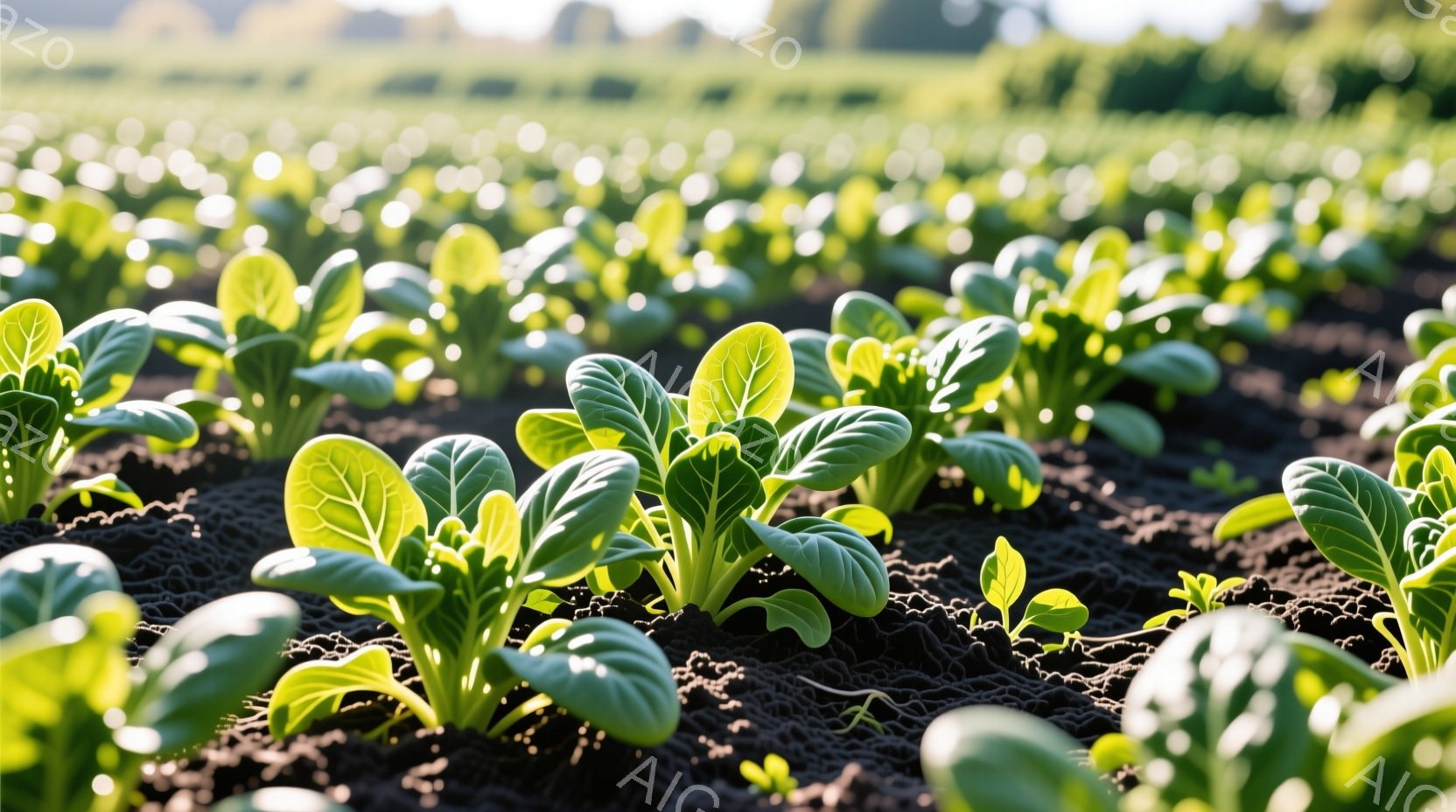 鮮やかな緑色の葉野菜が、黒いマルチングシートを敷いた畑に規則正しく並んでいます。朝日が葉に差し込み、葉脈がくっきりと浮かび上がり、新緑の輝きを増しています。背景にはぼやけた緑色の畑が広がり、穏やかで希望に満ちた雰囲気を醸し出しています。