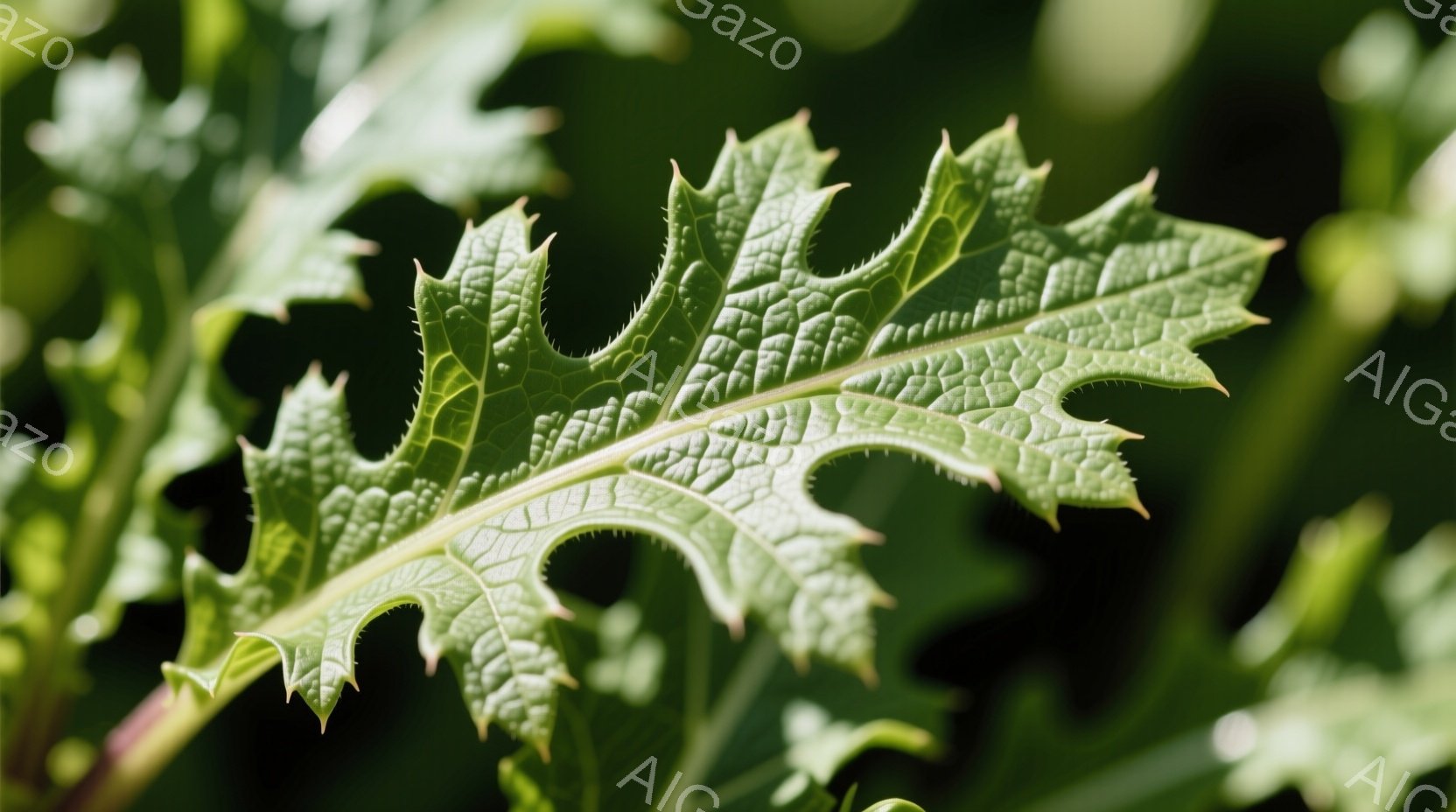 鮮やかな緑色の薊の葉が、強い日差しを浴びてクローズアップで捉えられています。葉脈がはっきりと確認でき、縁には鋭い棘が並んでいます。背景には他の葉がぼやけて写り込み、植物の自然な生い茂りを感じさせます。