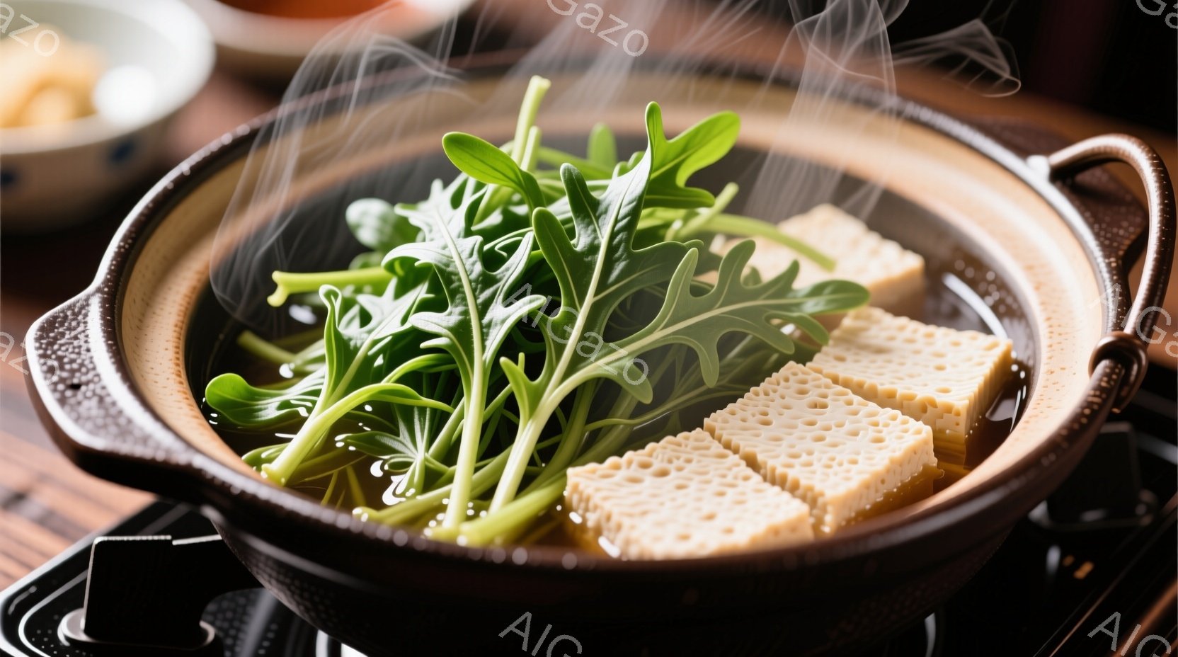 鍋料理が写っており、深い色の土鍋に、網目状の豆腐と鮮やかな緑色の水菜が湯気に包まれています。鍋は木製の台に置かれ、湯気が立ち上る様子から熱々の料理であることがわかります。全体的に温かく家庭的な雰囲気が漂い、食欲をそそる構図です。