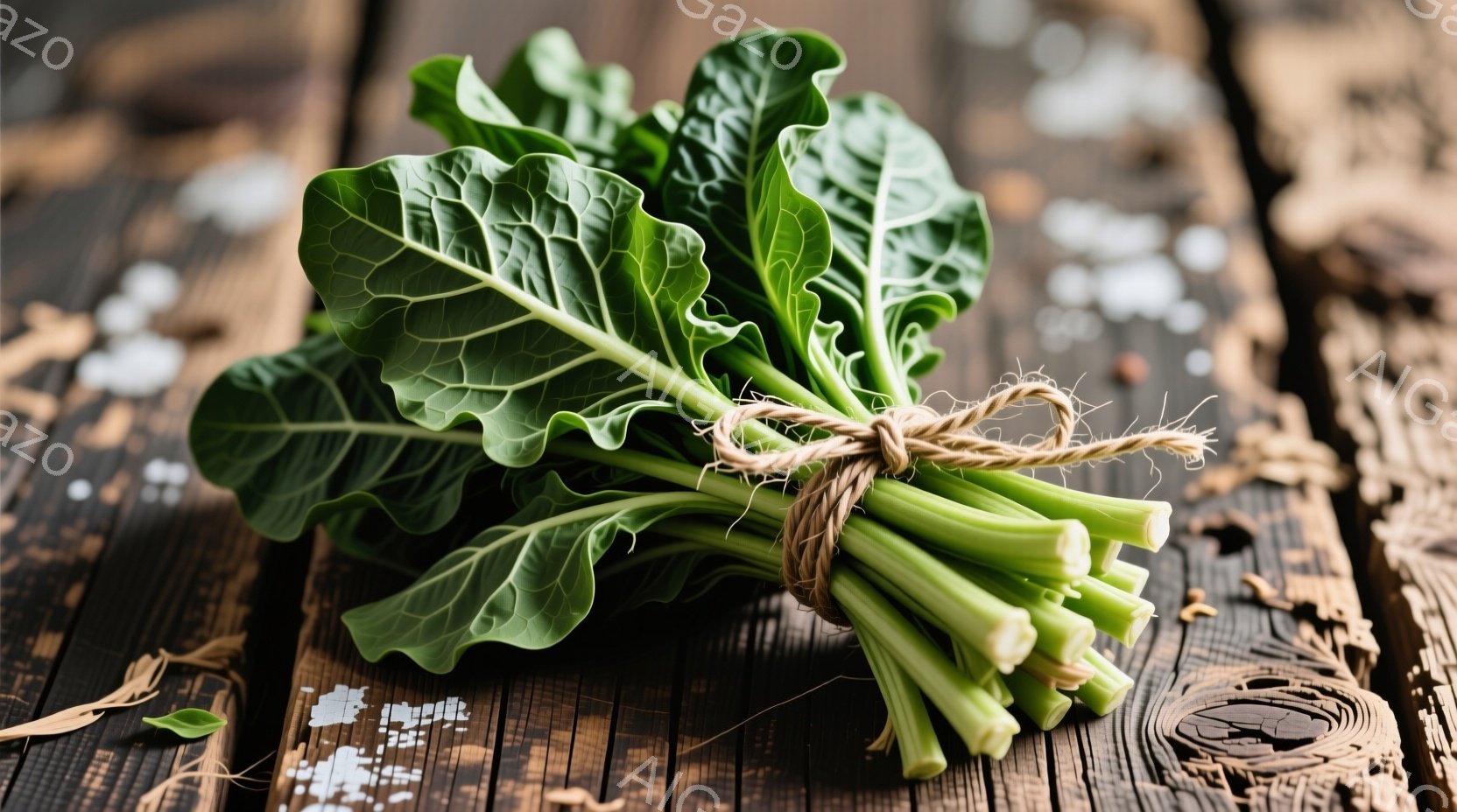 鮮やかな緑色のケールが、麻紐で束ねられて茶色の木製テーブルの上に置かれている。ケールの葉は生き生きとしており、茎はみずみずしい緑色をしている。背景の木製テーブルは、使い込まれた風合いがあり、素朴な雰囲 - AI生成フリー素材