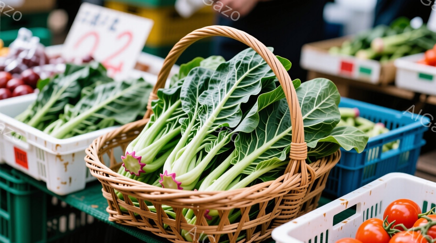 鮮やかな緑色の野菜が柳かごにたっぷりと盛られています。周囲にはプラスチック製の青い箱やトマトが積まれた箱が写っており、市場やスーパーマーケットのような活気のある背景が伺えます。全体的に新鮮で色彩豊かな - AI生成フリー素材
