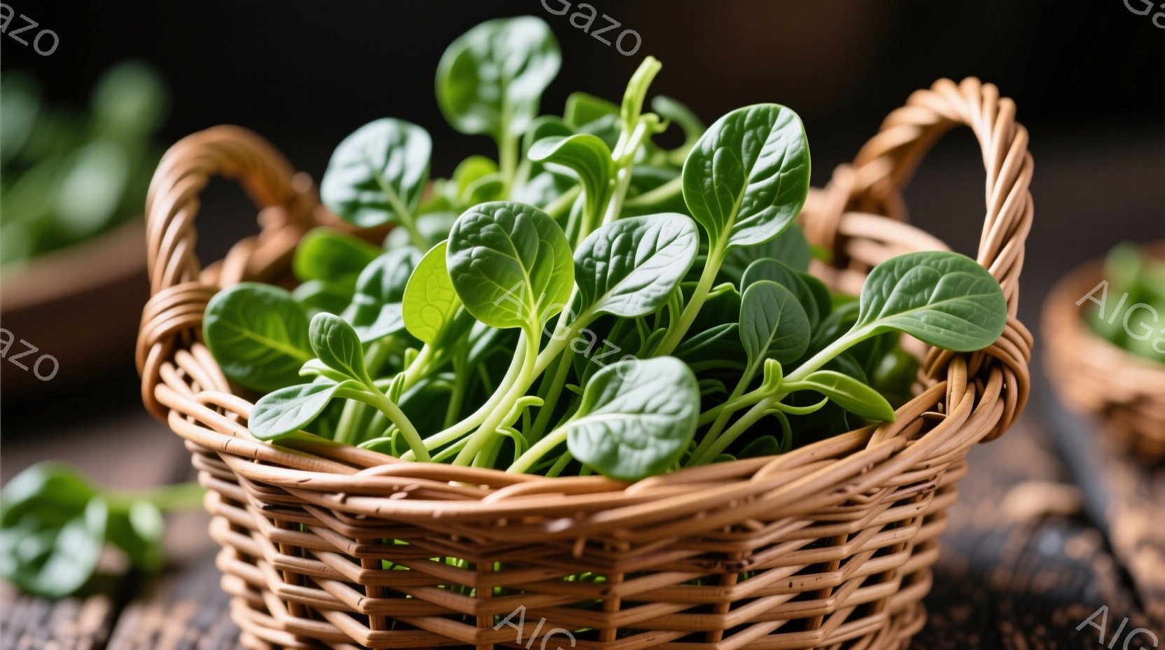 籠の中に緑色の葉野菜がたっぷり詰まっています。籠は茶色で編み込まれたデザインで、周囲には葉野菜の切れ端が見え、木製のテーブルの上に置かれています。全体的に、新鮮で自然な雰囲気が漂い、食卓を彩る食材を連 - AI生成フリー素材