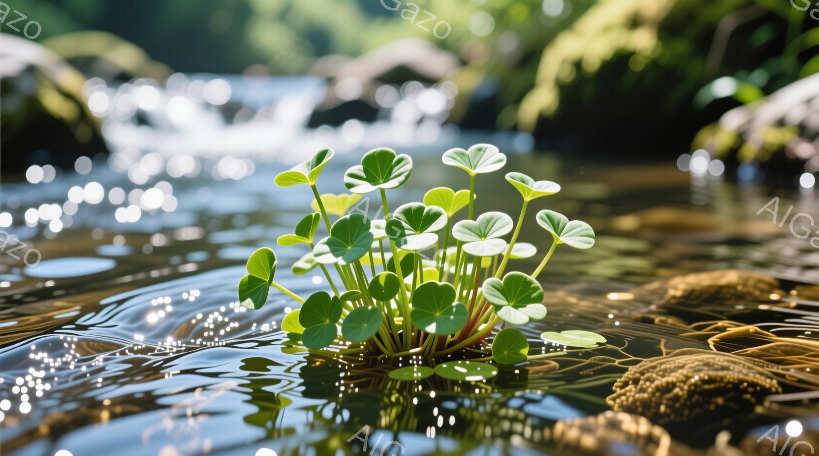 水面には鮮やかな緑色のミズバショウが密集して浮かび、生き生きとしたコントラストを描いている。水は穏やかに流れ、周囲の茶色い水生植物と光の反射がその静けさを強調している。背景にはぼやけた緑の植物が見え、自然の中で穏やかな雰囲気を醸し出している。