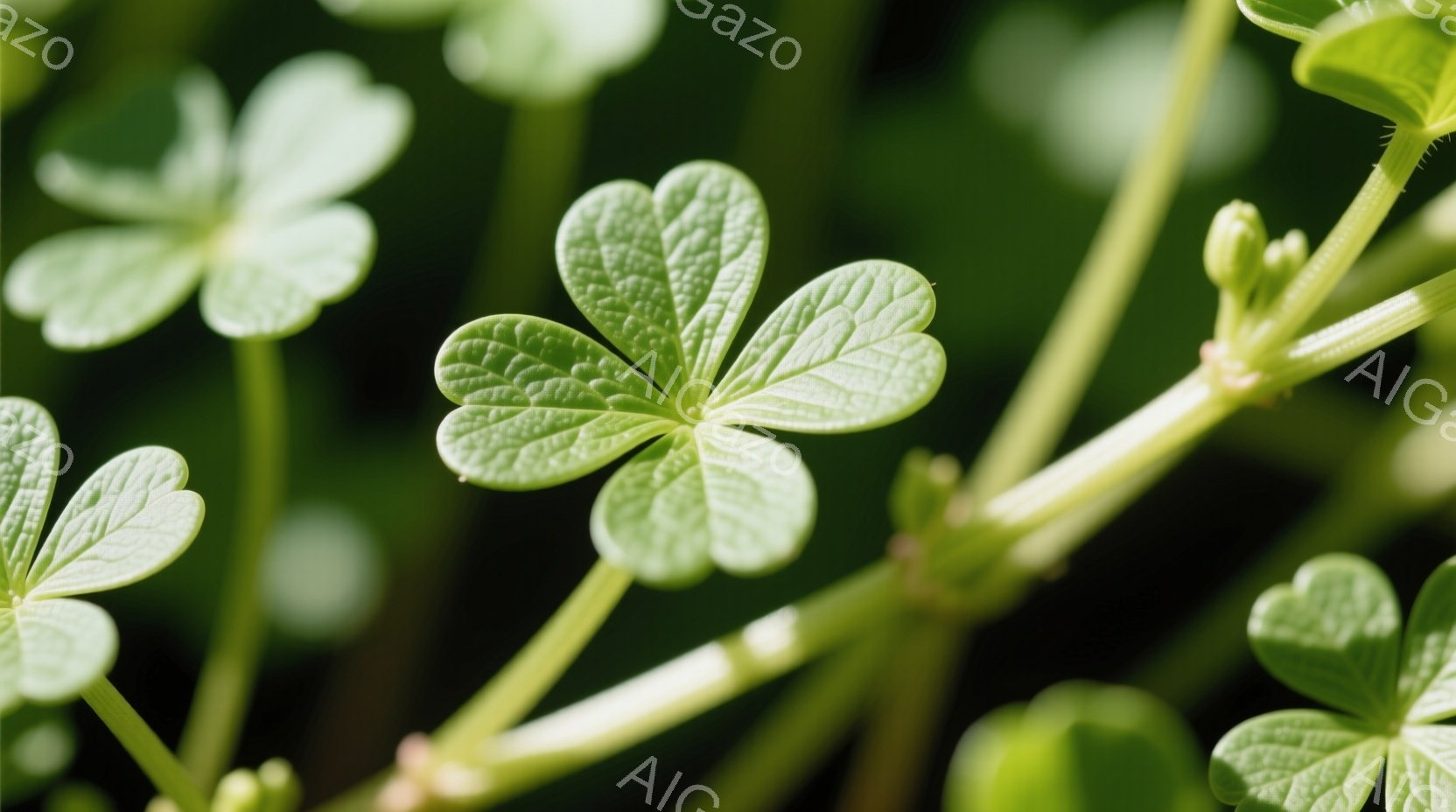 クローバーの葉が焦点となっており、浅い被写界深度で背景がぼかされている。葉は鮮やかな緑色で、微細な葉脈がはっきりと見える。茎は細く、他の葉や蕾と絡み合い、自然の美しさを際立たせている。