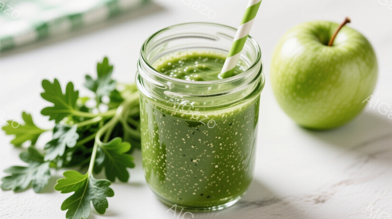 鮮やかな緑色のスムージーがガラス瓶に入っており、ストローが挿さっています。隣には、同じく緑色のリンゴと、彩り豊かなパセリの葉が添えられています。全体的に白を基調とした背景で、健康的な食生活を連想させる爽やかな雰囲気です。