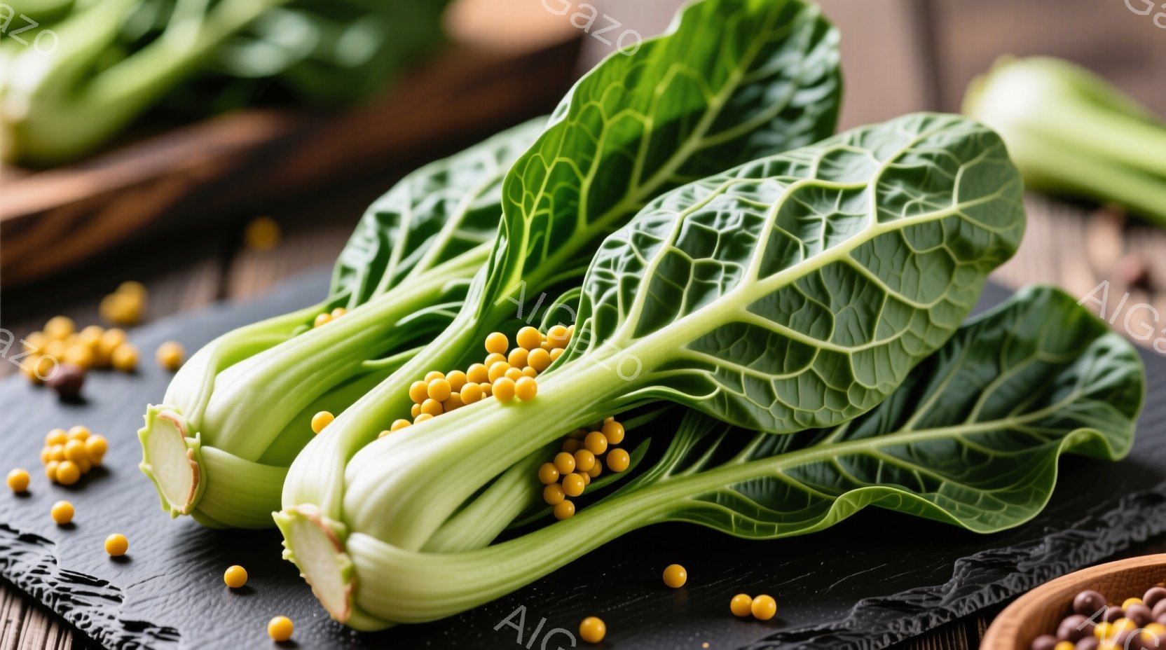 鮮やかな緑色の小松菜が、黒いスレートのような板の上に積み重ねられています。菜の周りには、黄色い丸い粒（おそらくマスタードシード）が散りばめられ、木製の背景がぼやけています。全体的に、健康的で自然な雰囲気の食品写真です。