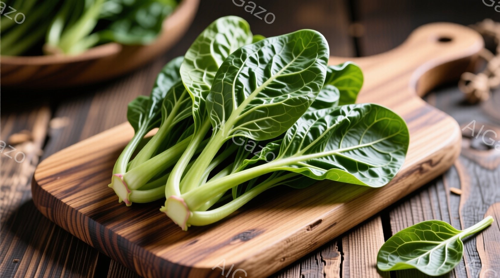 小さな木製のまな板の上に、緑色の小松菜が置かれています。小松菜は瑞々しく、茎の部分は赤みがかっており、新鮮さを感じさせます。背景は木目の美しいテーブルで、他に小松菜の葉が散らばっており、素朴で自然な雰囲気を醸し出しています。