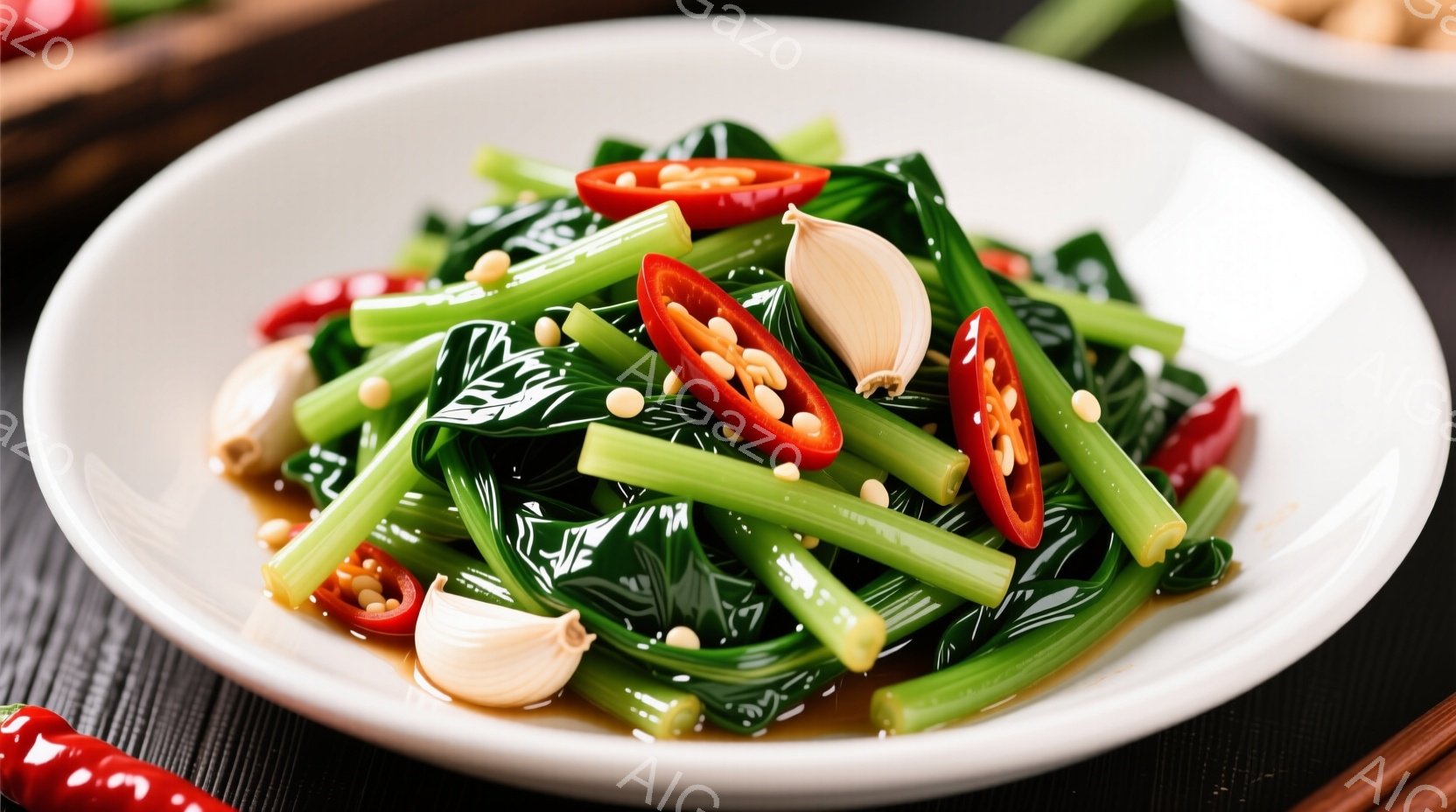 白いお皿に、緑色の野菜の炒め物が盛り付けられています。赤色の唐辛子とニンニクの芽が添えられ、少し照りが見えるタレがかかっています。背景は黒いテーブルで、全体的に食欲をそそる、シンプルでモダンな盛り付けです。