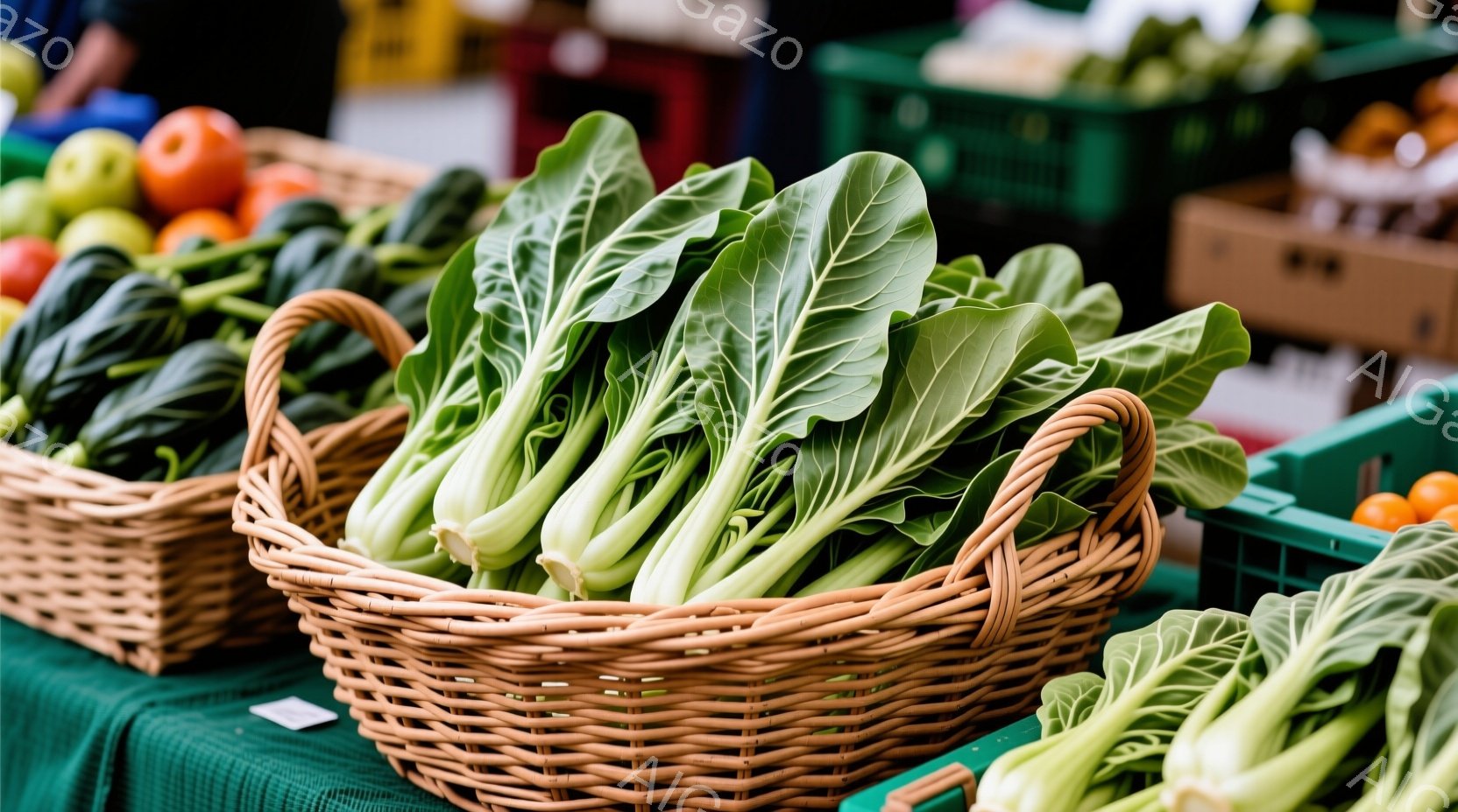 籠の中に緑色の青菜がぎっしりと詰まっており、鮮やかな色彩が目を引きます。背景には他の籠に入った青菜やオレンジ色の果物がぼんやりと見え、市場の活気ある雰囲気が伝わってきます。全体的に明るい光が差し込み、 - AI生成フリー素材