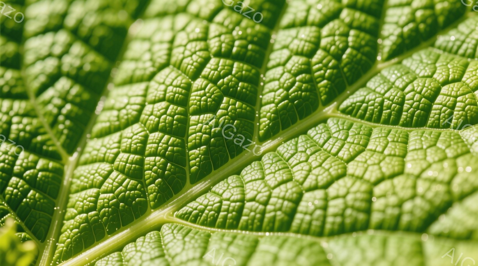 鮮やかな緑色の葉のクローズアップ写真です。葉脈がはっきりと浮かび上がり、葉の表面には小さな水滴が点在しています。葉の質感と繊細な構造が強調され、生命力と自然の美しさを感じさせます。 - AI生成フリー素材