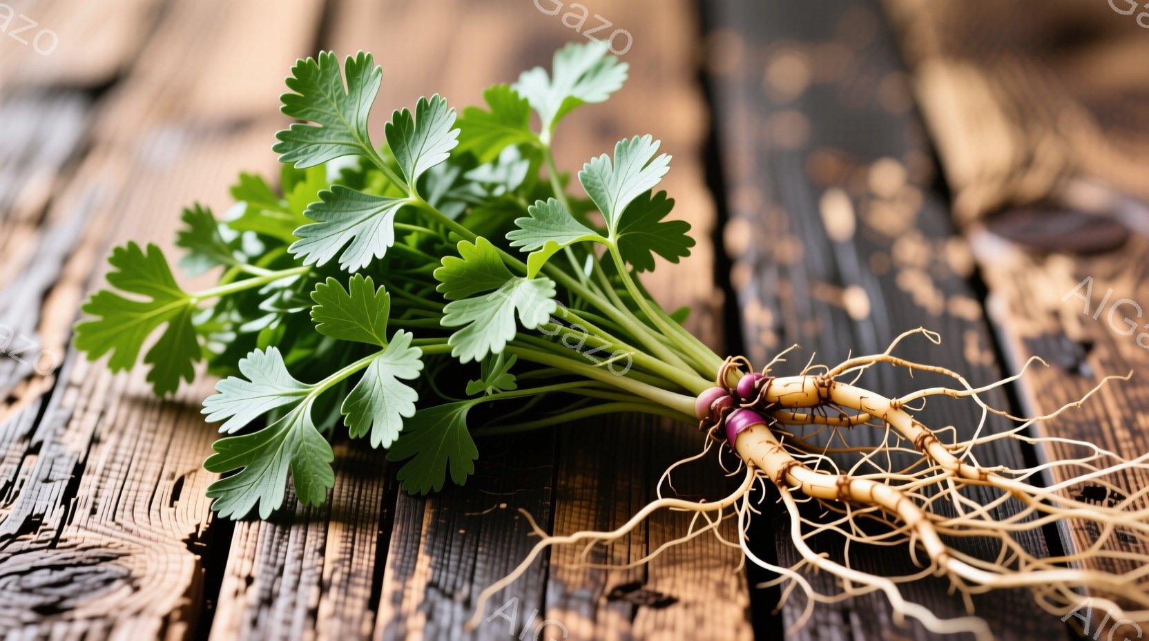 土付きのパセリの束が、木製のテーブルの上に置かれています。パセリの葉は鮮やかな緑色で、根は茶色と白の混ざった色合いです。テーブルの木目ははっきりと見え、全体的に自然で素朴な雰囲気を醸し出しています。 - AI生成フリー素材