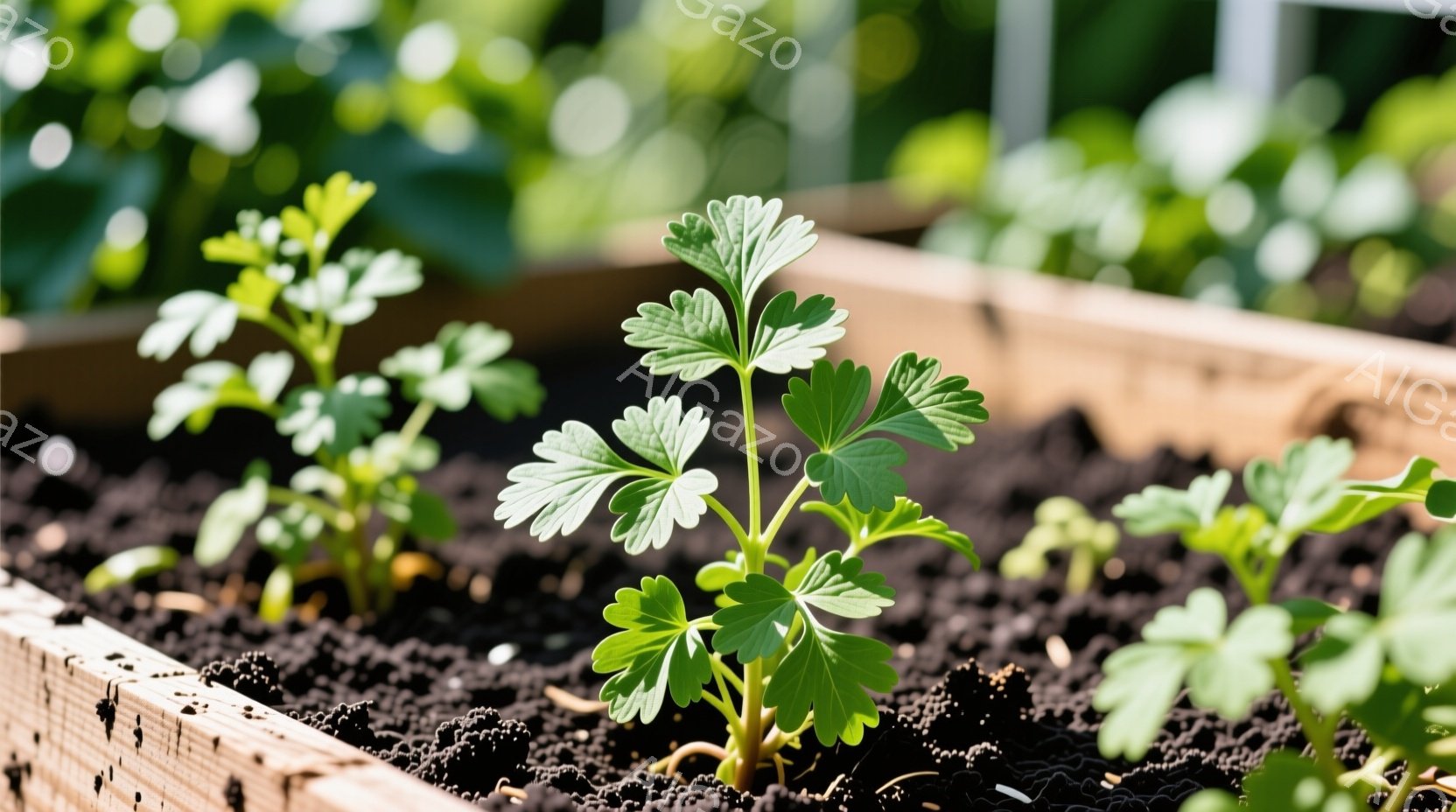木製のプランターに植えられた若い植物を捉えています。土は暗く肥沃で、植物は鮮やかな緑色で、葉は繊細な形をしています。背景はぼやけており、他の植物や自然の要素が暗示されていますが、全体的に穏やかで成長の兆しを感じさせる雰囲気です。