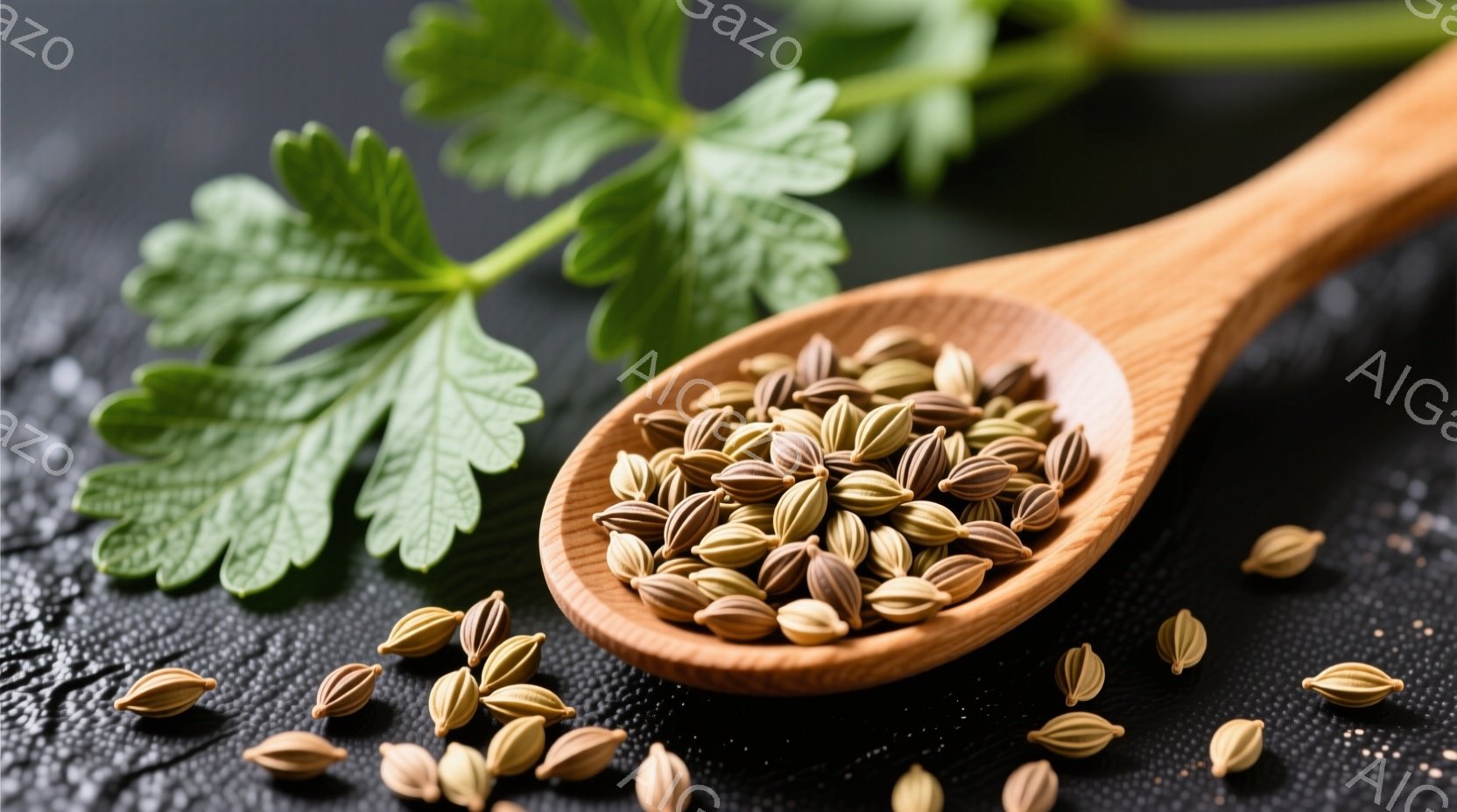 焦げ茶色の木製スプーンに、緑がかった茶色のフェンネルシードが山のように盛られています。スプーンの隣には、フレッシュなフェンネルの葉が添えられ、周囲にはいくつかシードがこぼれています。黒色の背景がシードと葉の鮮やかさを際立たせ、自然でオーガニックな雰囲気を作り出しています。