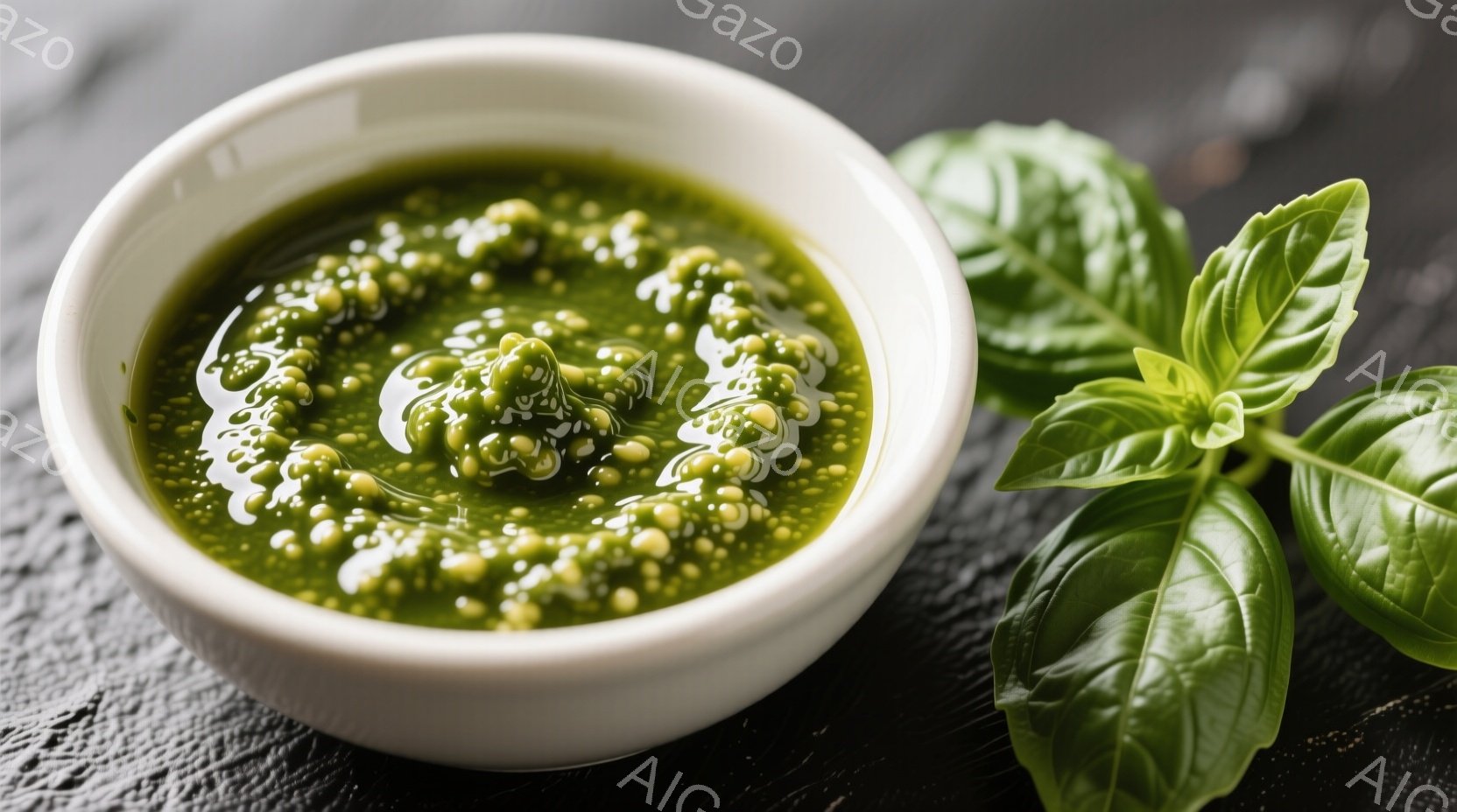 白いボウルにペストソースが盛り付けられています。ソースは鮮やかな緑色で、粗く刻んだハーブとニンニク、チーズなどが混ざり合っているのがわかります。背景は石のような質感のグレーで、左上には新鮮なバジルが添えられており、料理の爽やかさを強調しています。