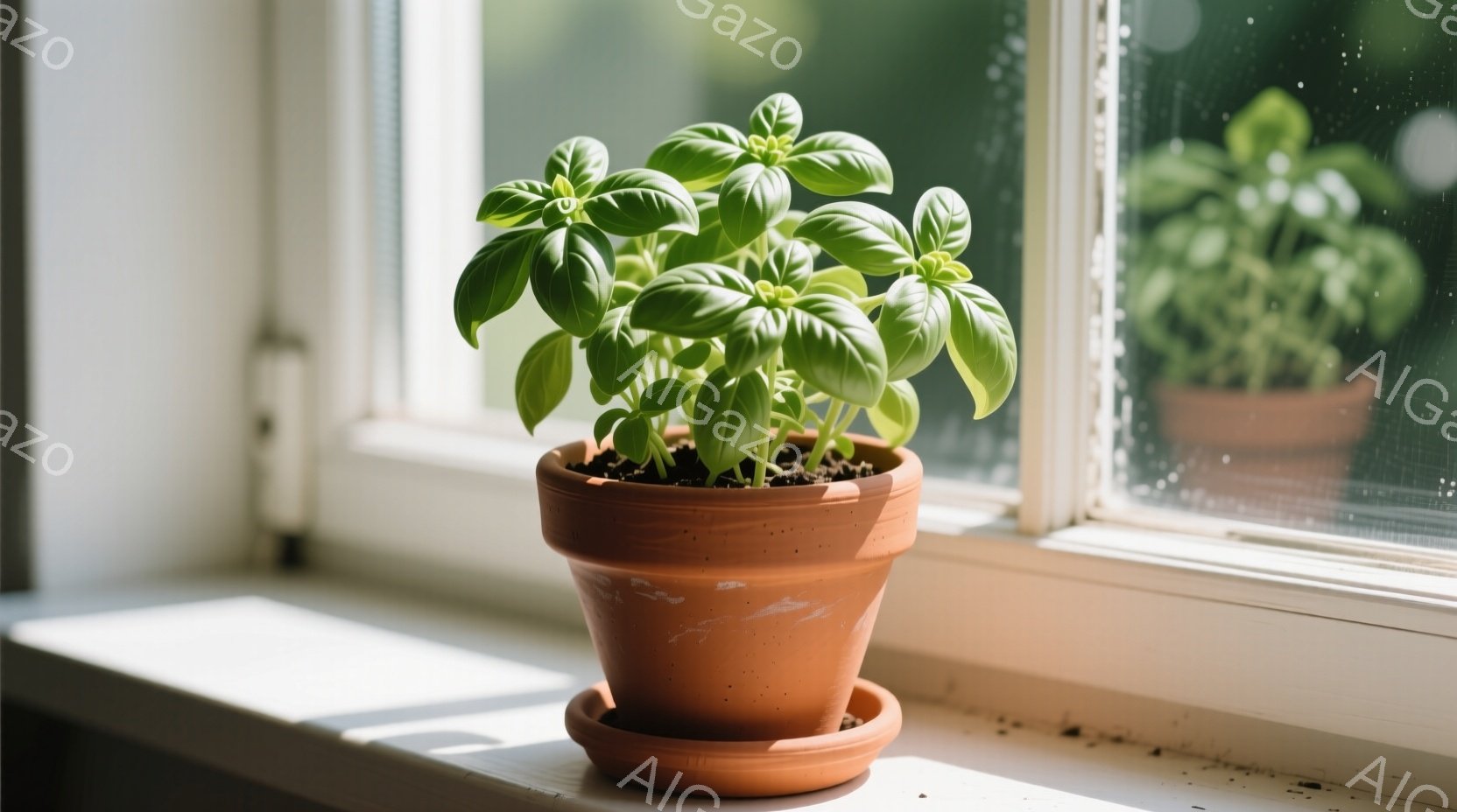 窓辺に置かれたテラコッタの鉢に入ったバジルが写っている。葉は鮮やかな緑色で、土の上に密集して生えている。背景には、ぼやけた緑の植物が見え、日の光が差し込み、穏やかで落ち着いた雰囲気を醸し出している。