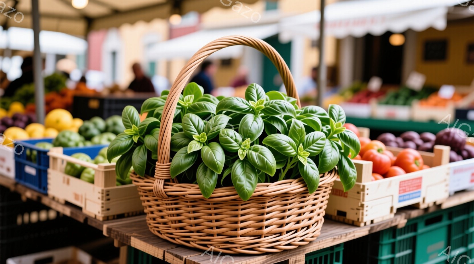 籠の中に新鮮なバジルがぎっしりと詰まっており、緑色が鮮やかで食欲をそそります。背景には、トマトやナスなどの色とりどりの野菜が木箱に並べられており、活気のある市場の様子が伺えます。全体的に明るく、豊かで - AI生成フリー素材