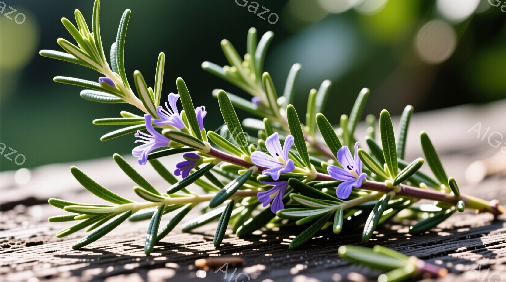 木製のデッキの上に置かれた、紫色の小さな花を咲かせた植物のクローズアップです。葉は細長く、緑色で、光沢があり、花は繊細で、明るい紫色をしています。背景はぼやけており、日当たりの良い屋外の様子が伺えます - AI生成フリー素材