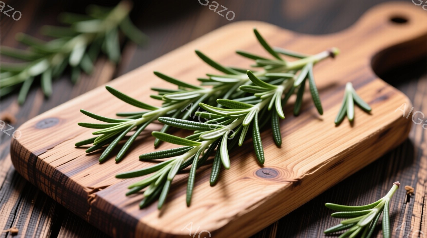 粗い木製のカッティングボードの上に、新鮮なローズマリーの枝が置かれています。ボードは少し使い込まれた様子で、木目がはっきりと見えます。背景は濃い色の木製テーブルで、ローズマリーの緑色が際立っています。