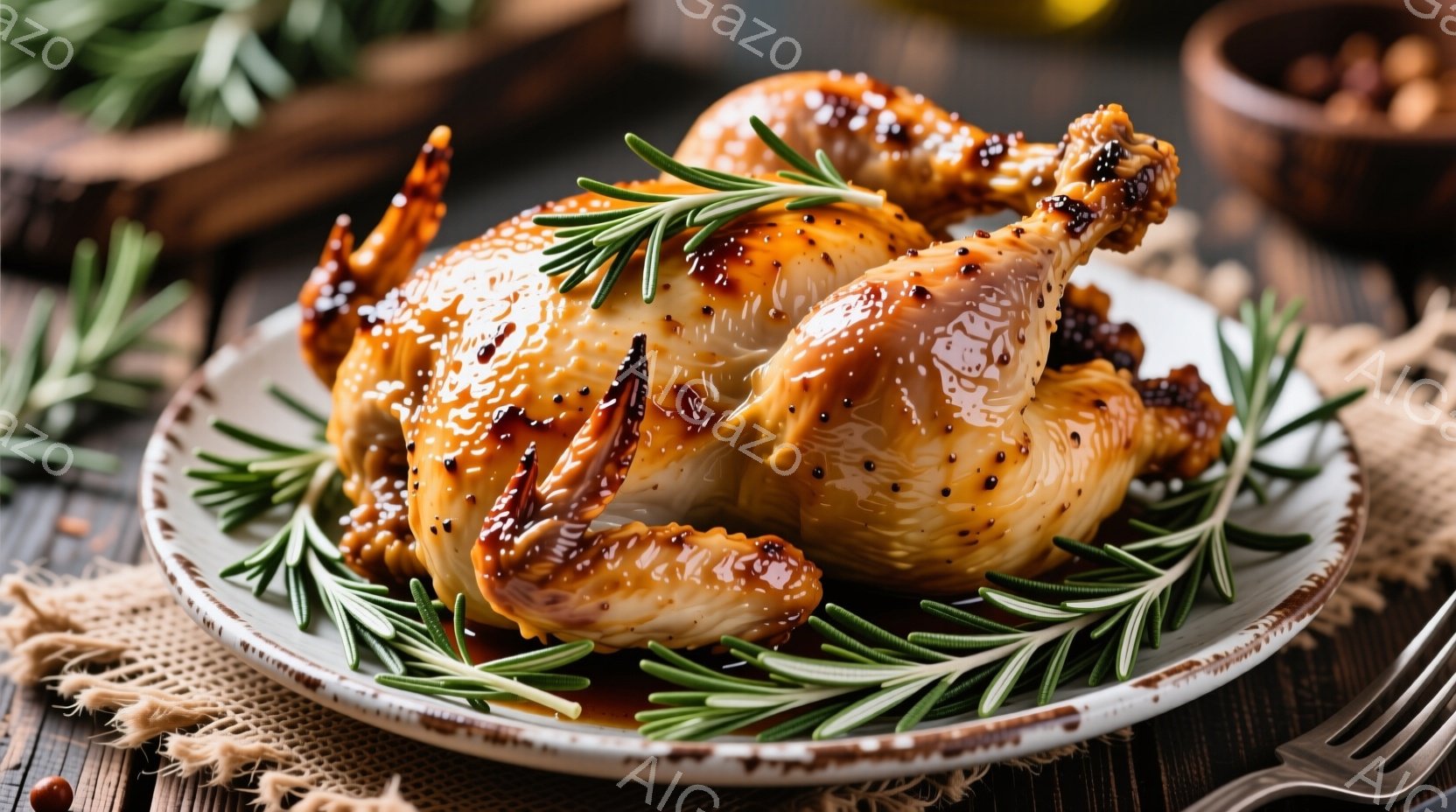 照り輝く焼き鳥が、色とりどりのハーブで飾られた皿に乗っています。背景には木製のテーブルと、ぼやけた自然の要素が見え、温かみのある家庭的な雰囲気を醸し出しています。全体的に、食欲をそそる、美味しそうな料理の盛り付けです。