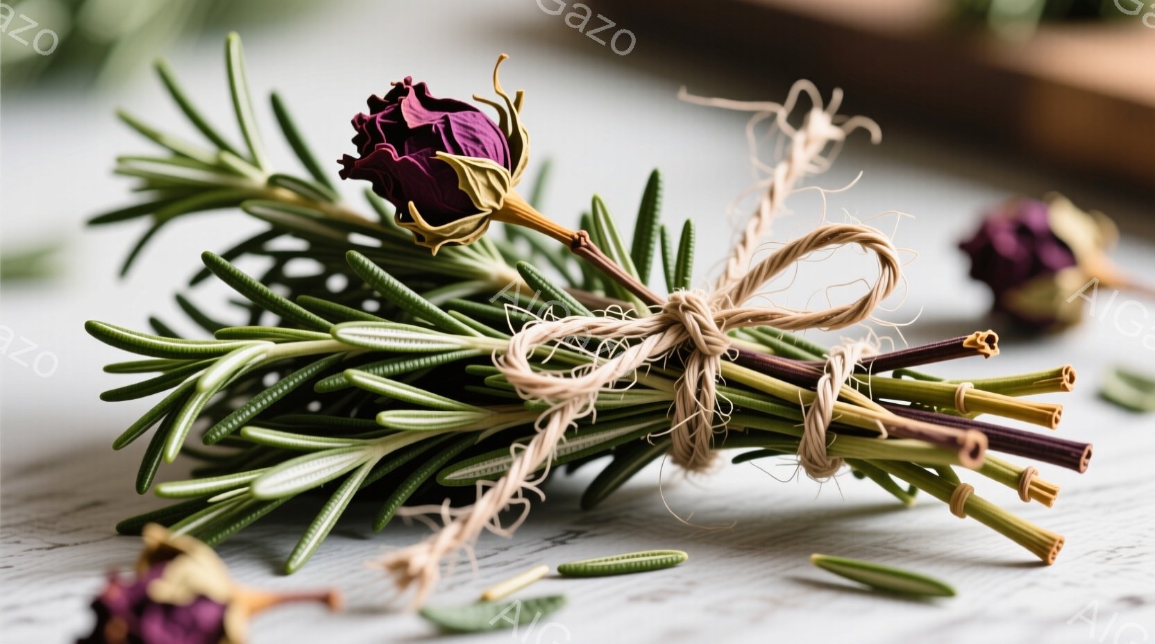 枯れかけた紫色のバラと、鮮やかな緑色のハーブ（おそらくローズマリー）が紐で束ねられています。背景は白くざらついた木製のテーブルで、数本の落ち葉が散らばっています。全体的に、静かで素朴な雰囲気であり、自然の儚さと美しさを感じさせます。