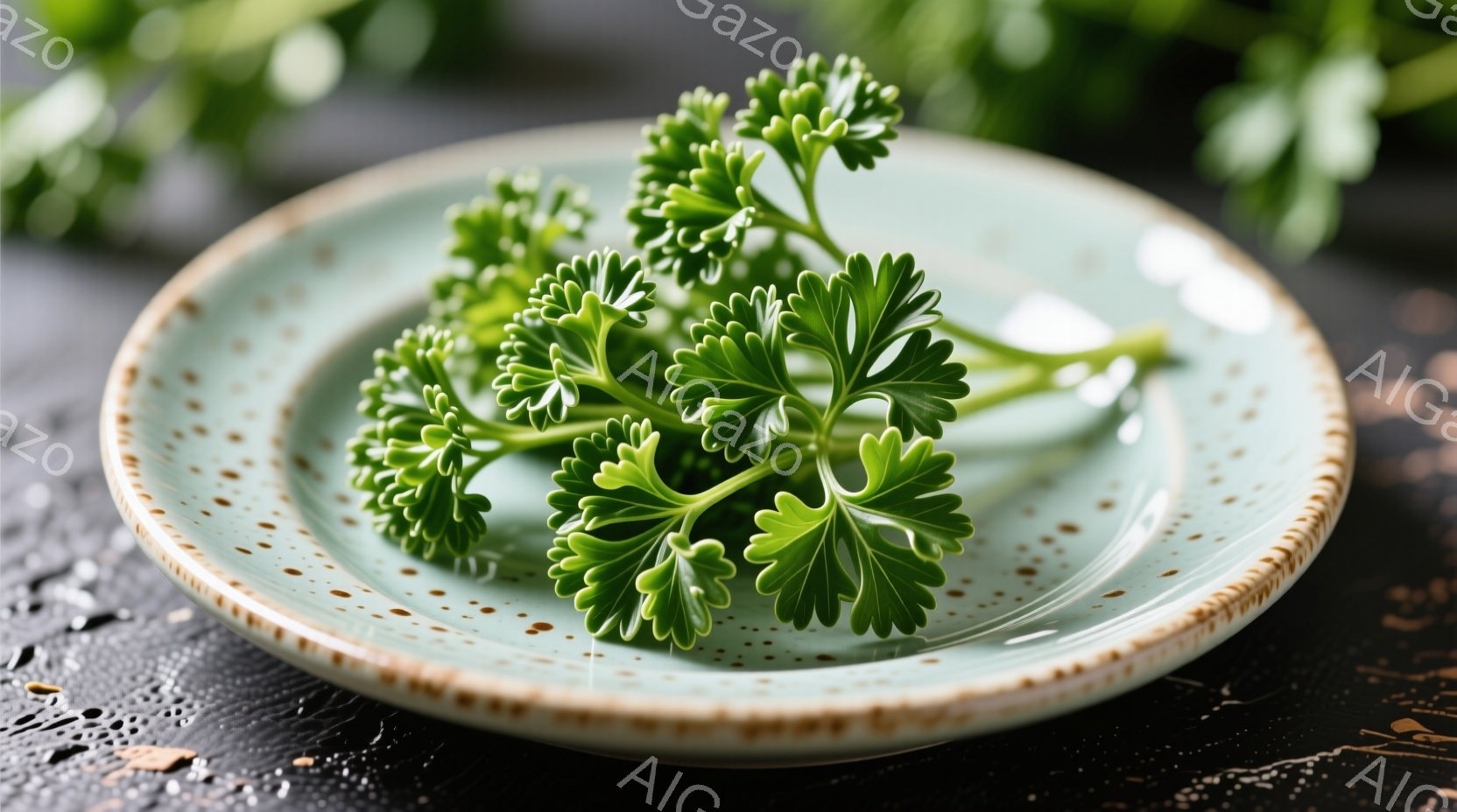 鮮やかな緑色のパセリが、淡い水色の縁取りのある陶器の皿に盛られています。皿は茶色い斑点模様で、少し古風な雰囲気を醸し出しています。背景は暗いグレーで、パセリの鮮やかさが際立っています。
