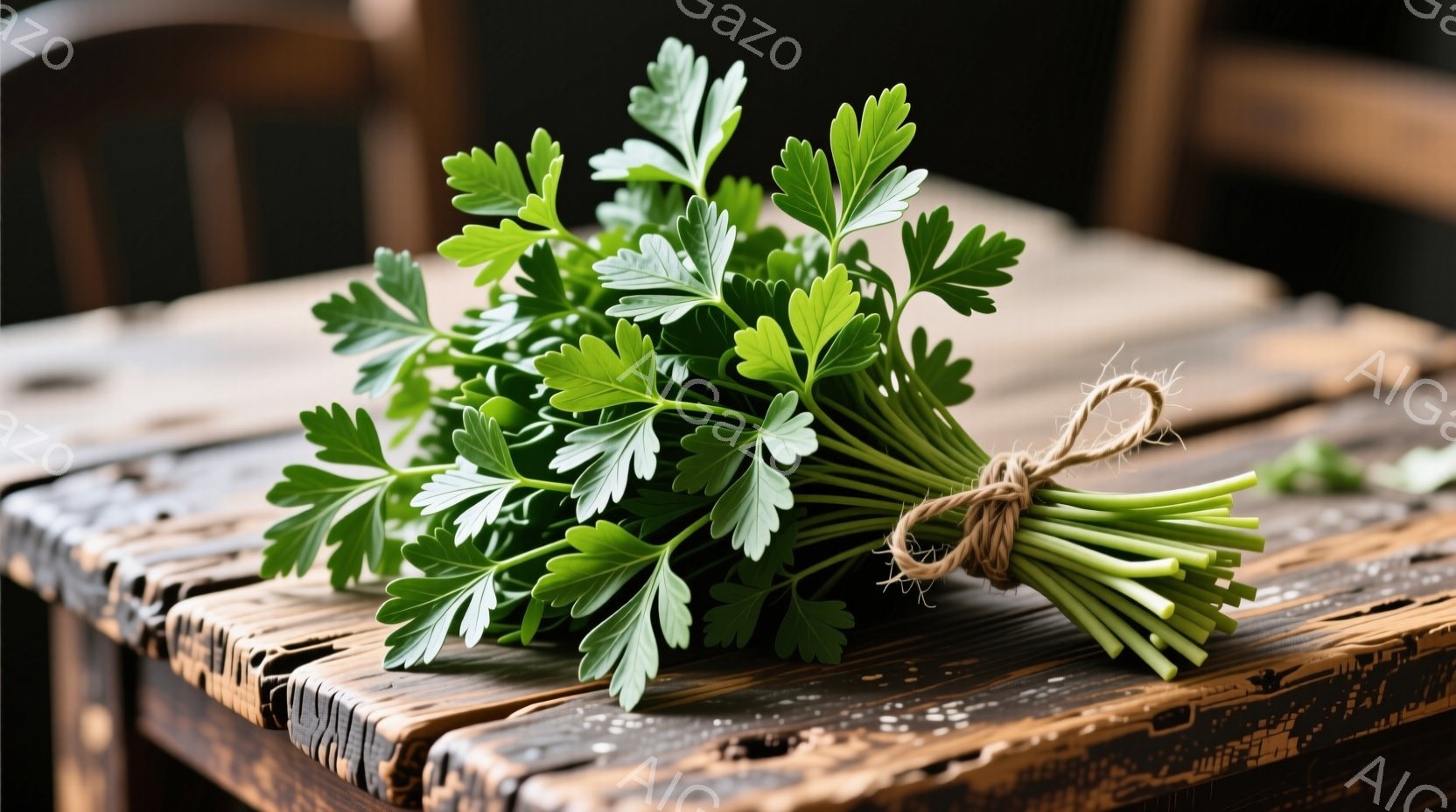 濃い緑色のパセリの束が、古びた木製の台の上に置かれている。パセリは紐で軽く縛られており、葉は鮮やかで生命力に満ちている。背景は暗く、木製の台の質感が強調され、素朴で自然な雰囲気を醸し出している。 - AI生成フリー素材