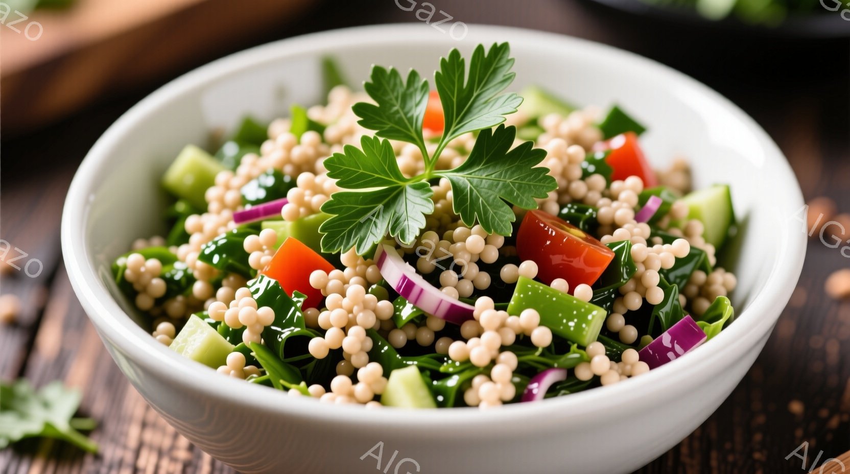 白いボウルにタビュレサラダが盛り付けられています。細かく刻まれたパセリ、キュウリ、トマト、紫玉ねぎが、小さなパスタ状のクスクスと混ざり合い、鮮やかな色彩が食欲をそそります。背景は木製のテーブルで、サラダが引き立つようにシンプルにまとめられています。