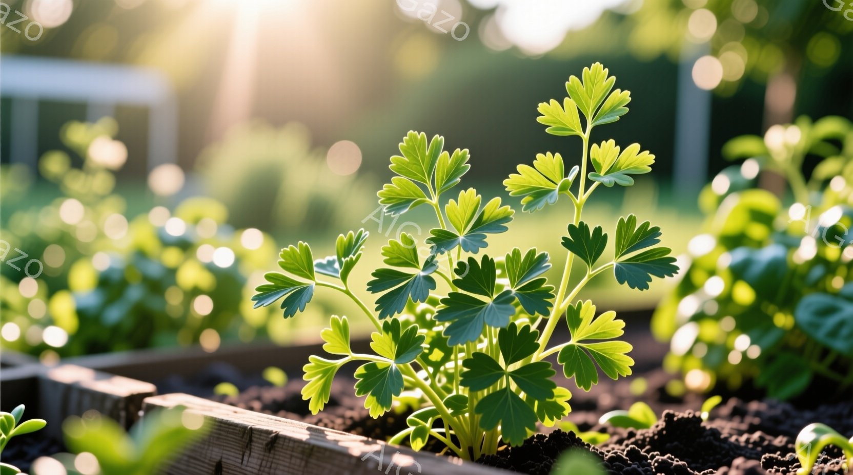 鮮やかな緑色のパセリが、木製のプランターに植えられた土から生えている様子が写っている。背景は、他の植物が生い茂る庭園で、柔らかい光が差し込み、穏やかで自然な雰囲気を醸し出している。土は湿っていて、植物は健康的に育っているように見える。