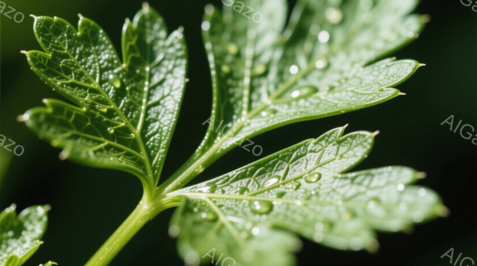 鮮やかな緑色の葉が、暗い背景に浮かび上がっています。葉脈がはっきりと見え、表面には水滴がキラキラと光っています。植物の生命力と、雨上がりの清々しい雰囲気が感じられるクローズアップ写真です。 - AI生成フリー素材