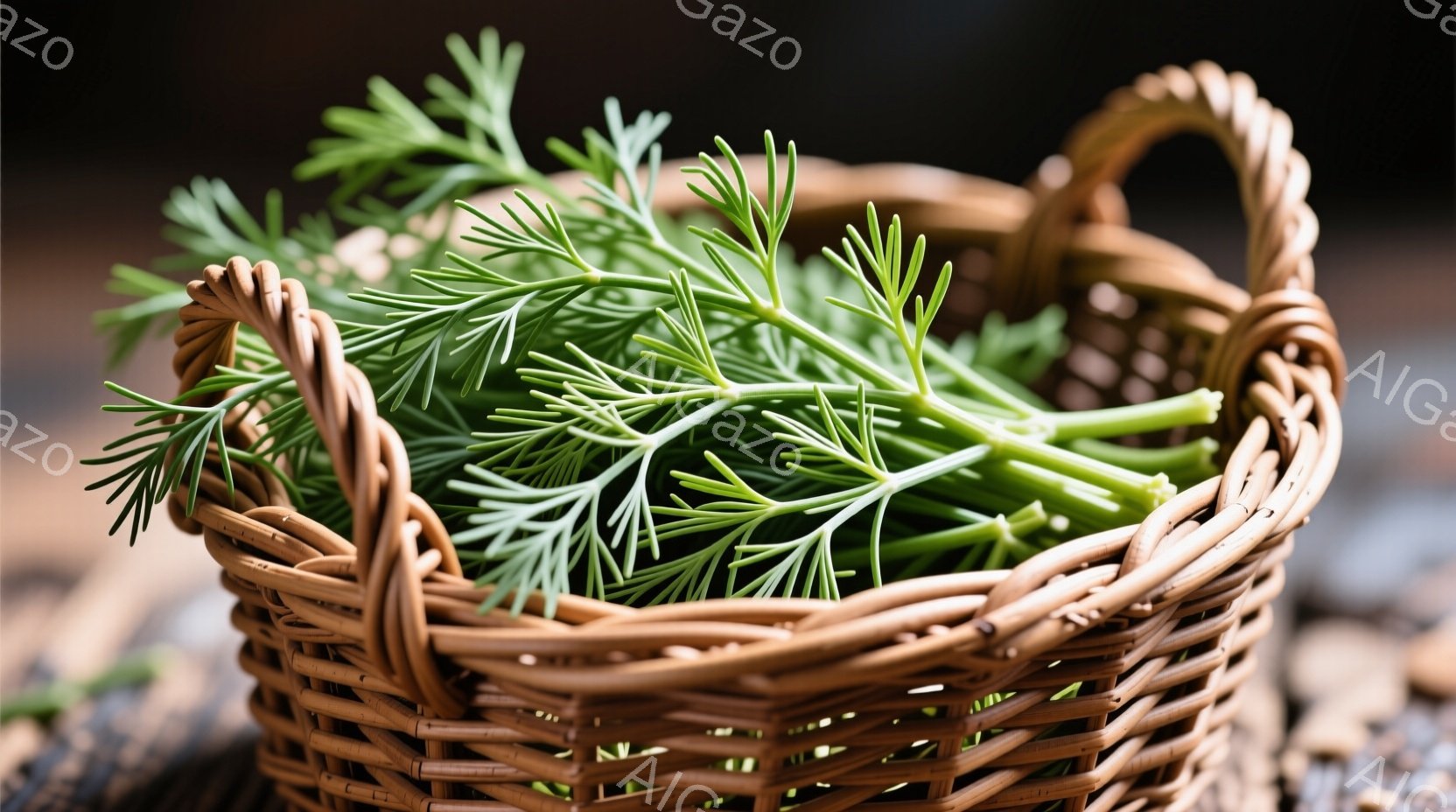 籠の中に、細い緑色のハーブがたっぷり詰まっています。籠は茶色の籐で編まれ、少し使用感があります。背景はぼかされており、木製のテーブルのようなものがわずかに見えます。 - AI生成フリー素材